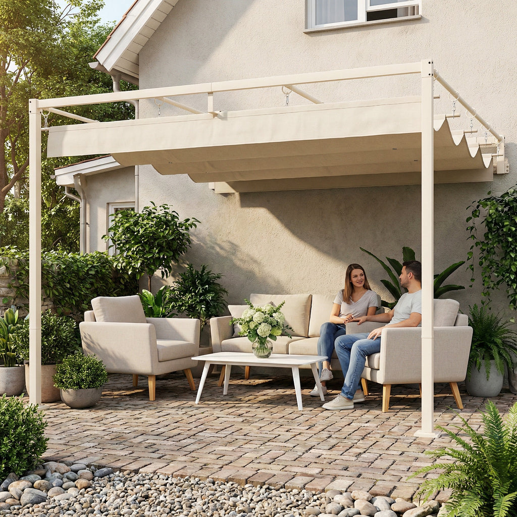 Outsunny 3x3m Lean-to Pergola with Retractable Sliding UV30+ Roof and Drainage Holes, Beige