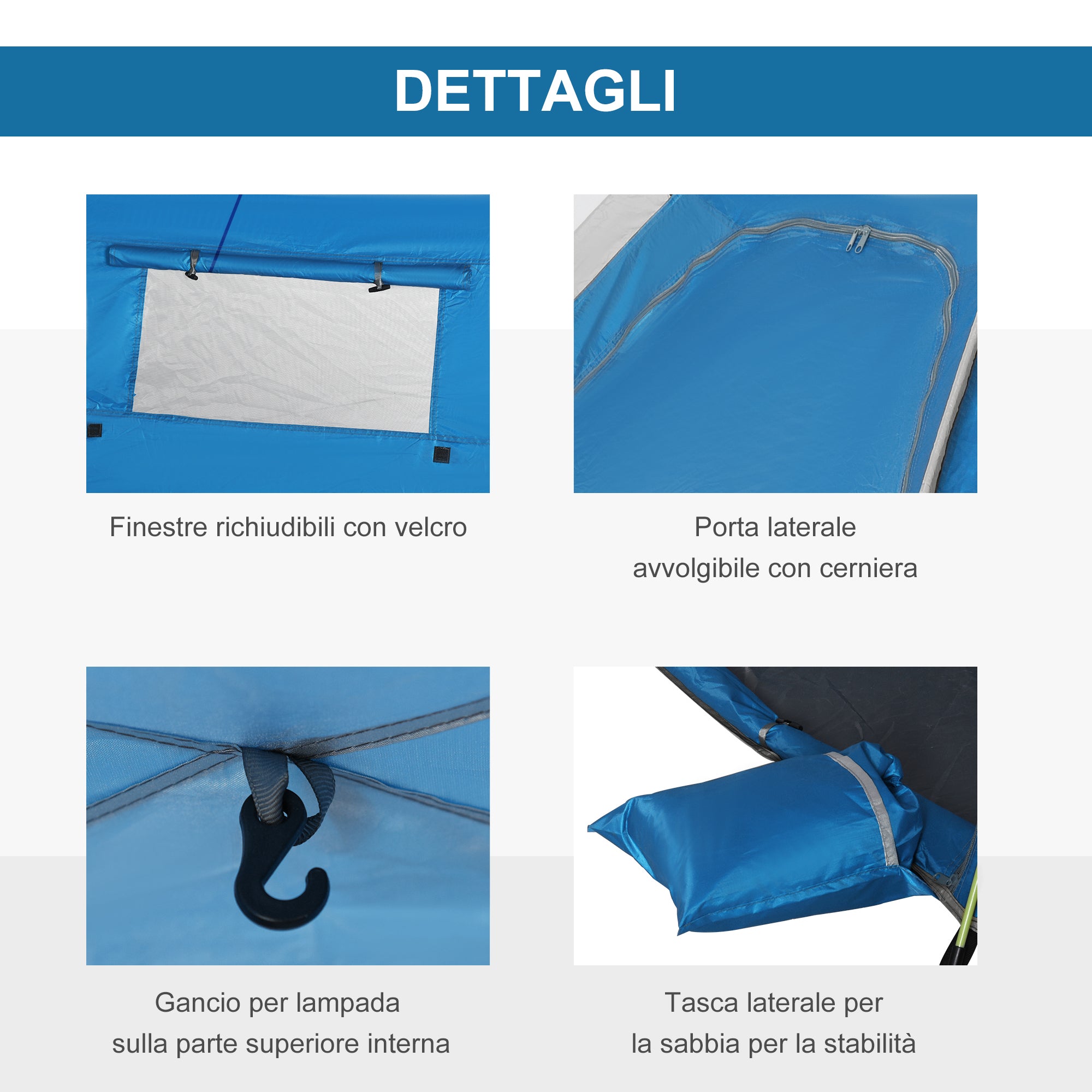Pop Up Beach Tent with Zipper Door, in Polyester and Fiberglass, 220x173x120 cm, Sky Blue and Gray