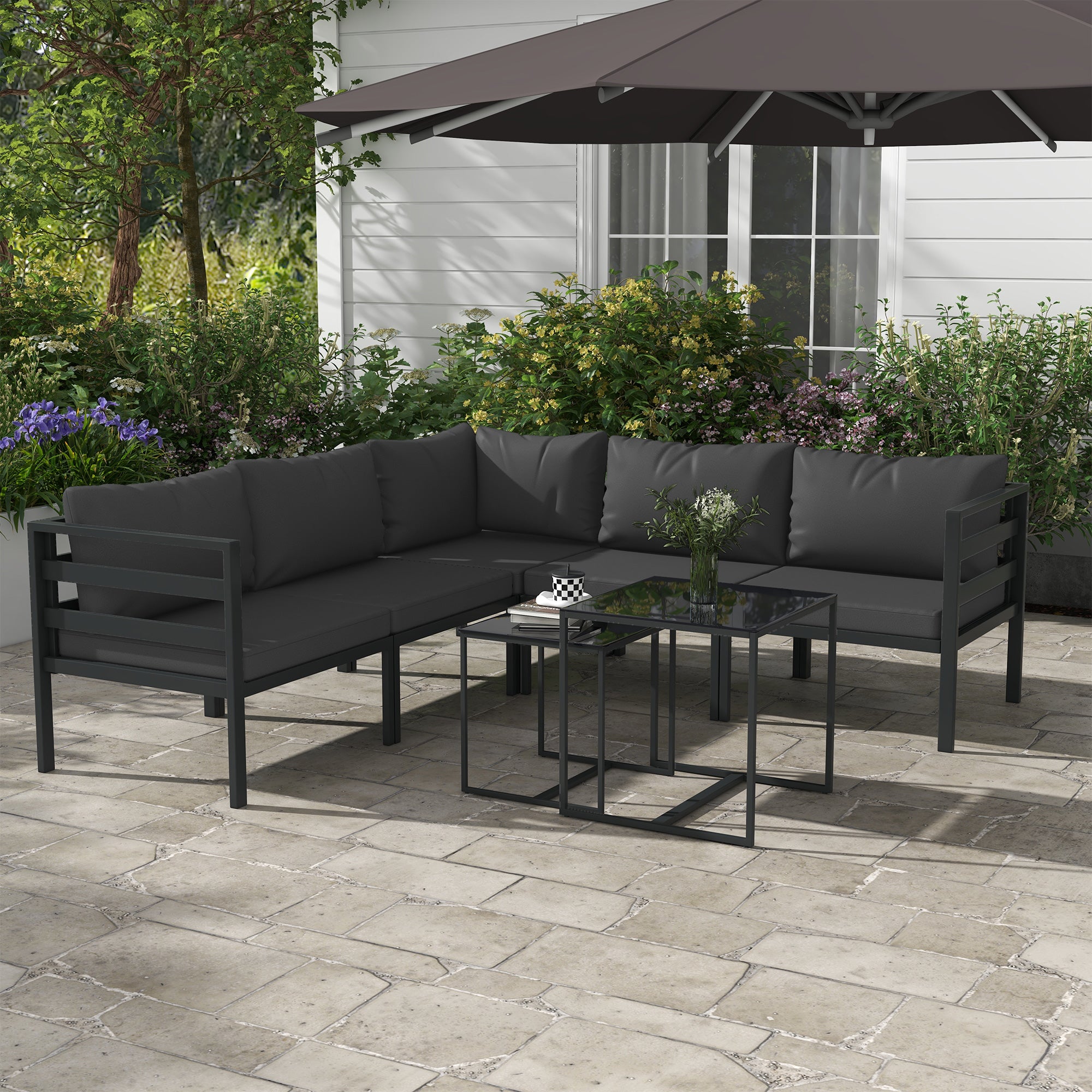Outsunny garden set 7 pieces in steel and polyester with 5 chairs with cushions and 2 coffee tables, gray - Borgè