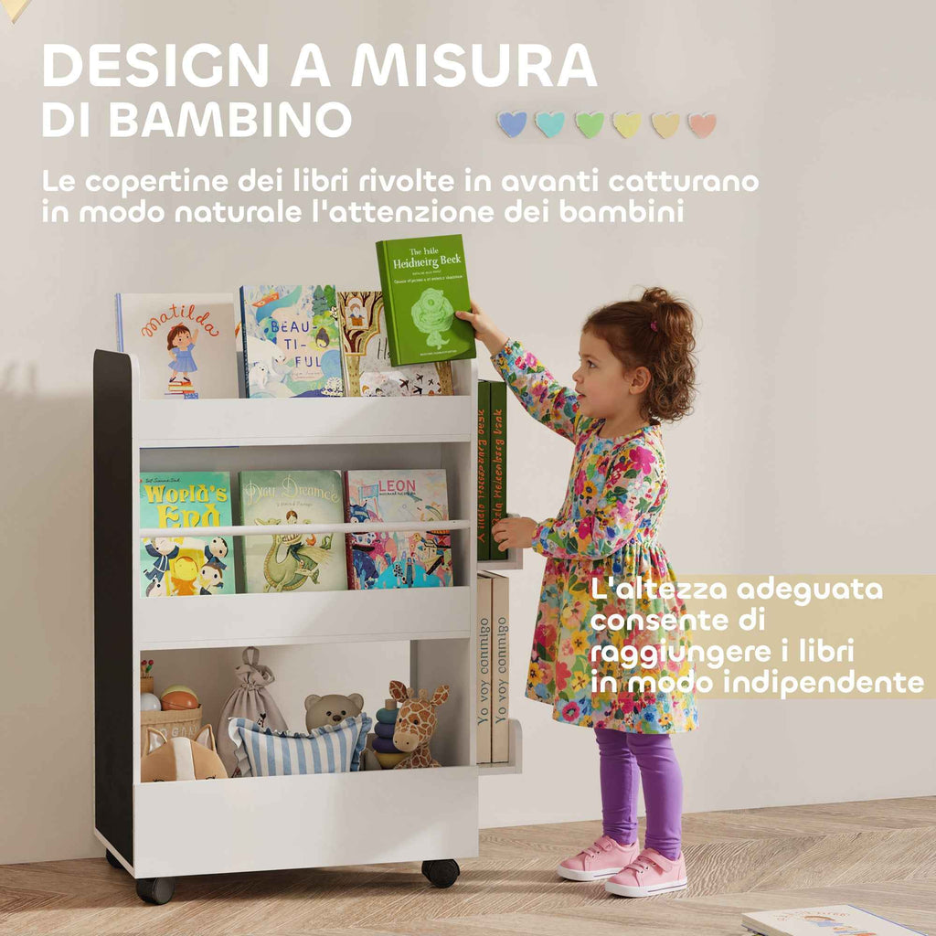 AIYAPLAY Double-Sided Bookcase for Children Ages 3-8, Toy Storage Rack with Wheels and Blackboard, White