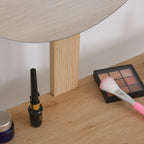 Dressing Table with Circular Mirror Ф39cm, Makeup Console with Drawer in Jungle Decor, White and Oak, 70x39x119-128cm
