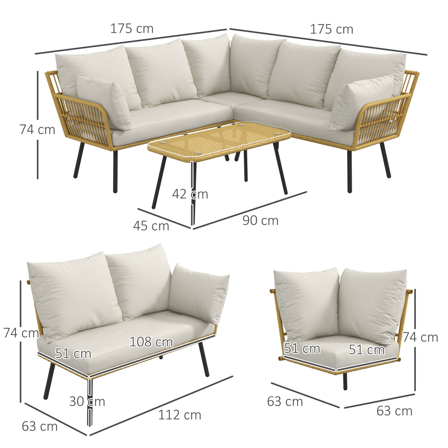 4-Piece Garden Set in PE Rattan with Outdoor Table 90x45x42 cm and 2 Outdoor Sofas 6x63x74 cm, Cream White - Borgè