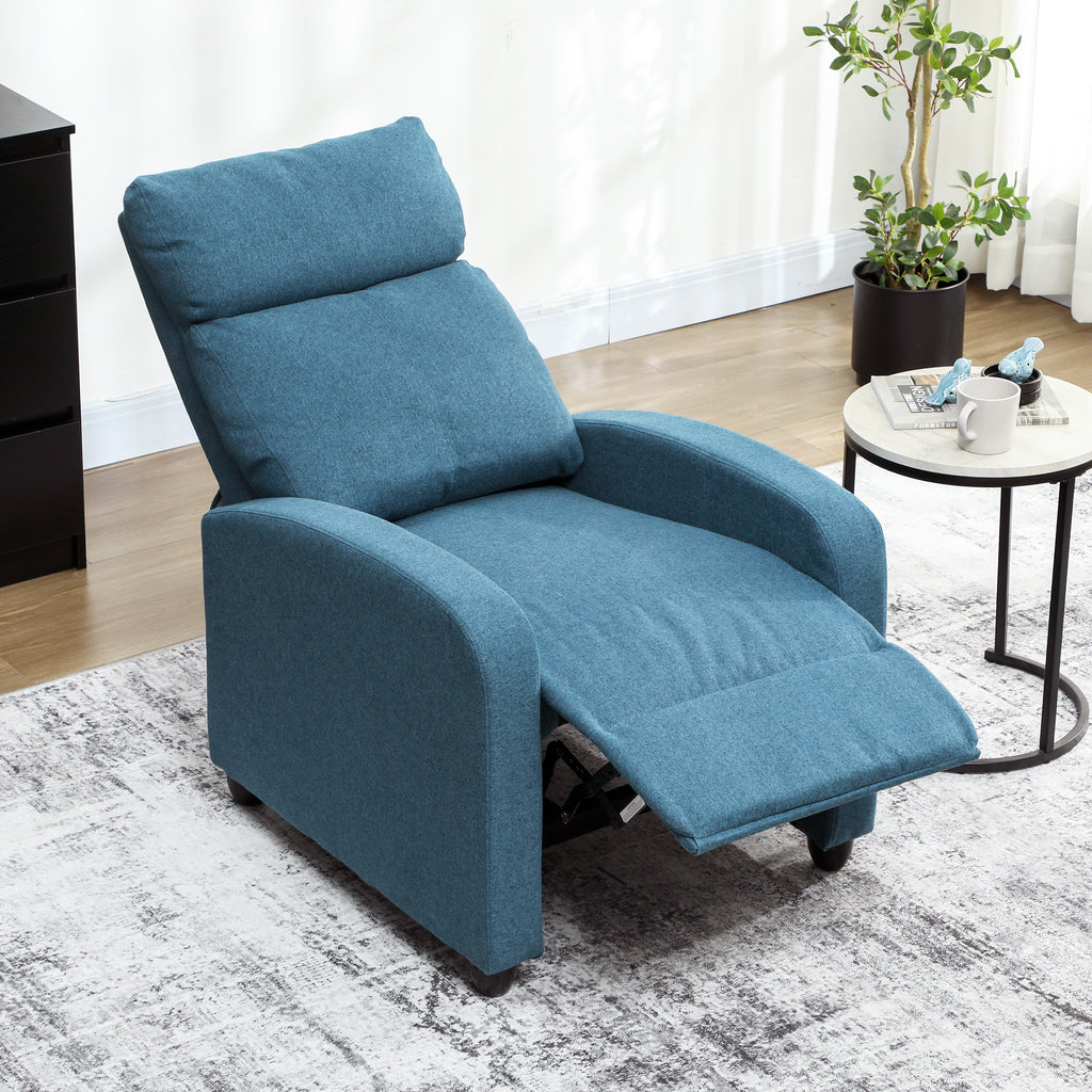 Manually Reclining Relaxing Chair with Footrest and Fabric Upholstery, Blue