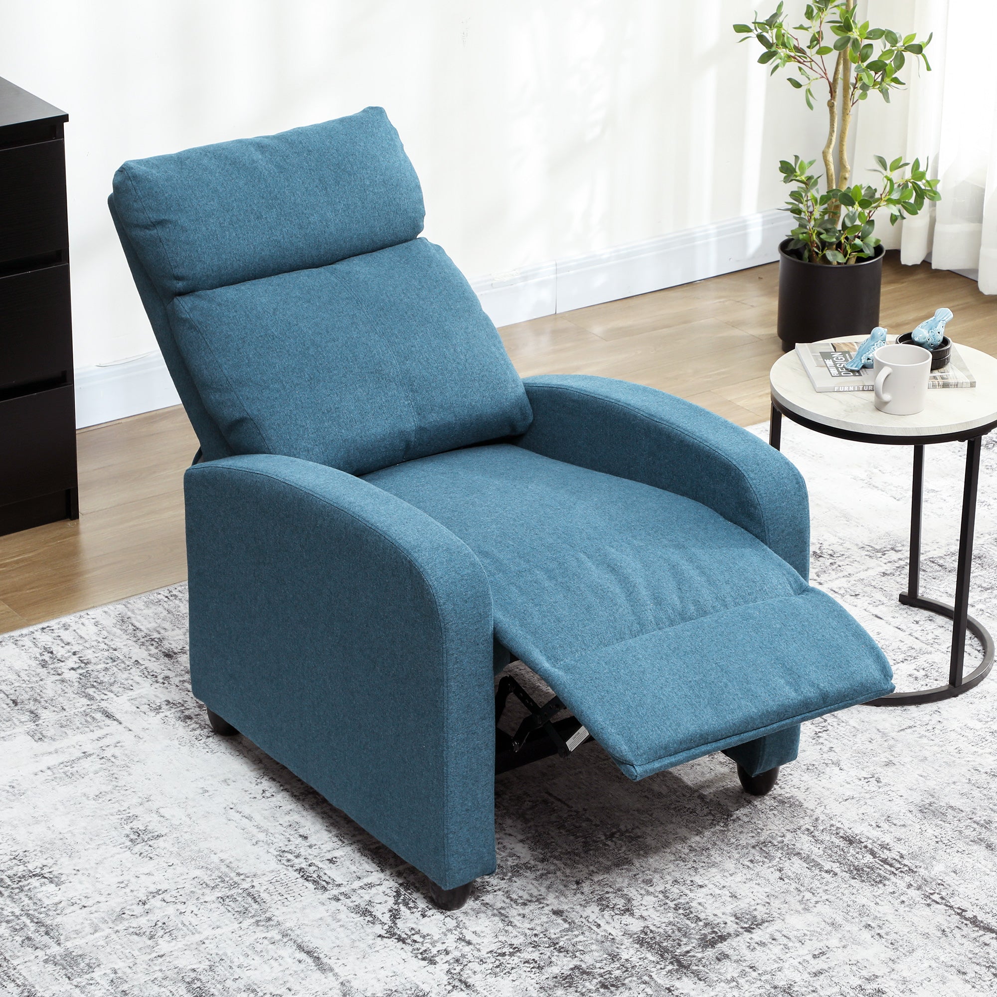 Manually Reclining Relaxing Chair with Footrest and Fabric Upholstery, Blue