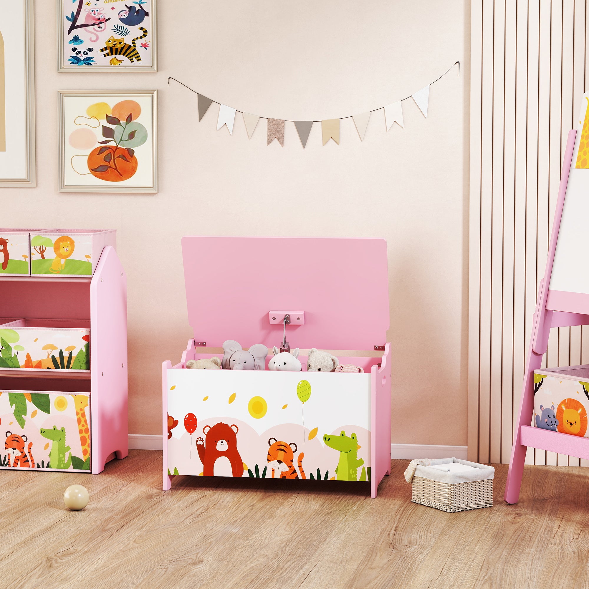 Children's Toy Storage Chest with Safety Hinges, Wooden Animal Design, 60x37x39 cm, Pink