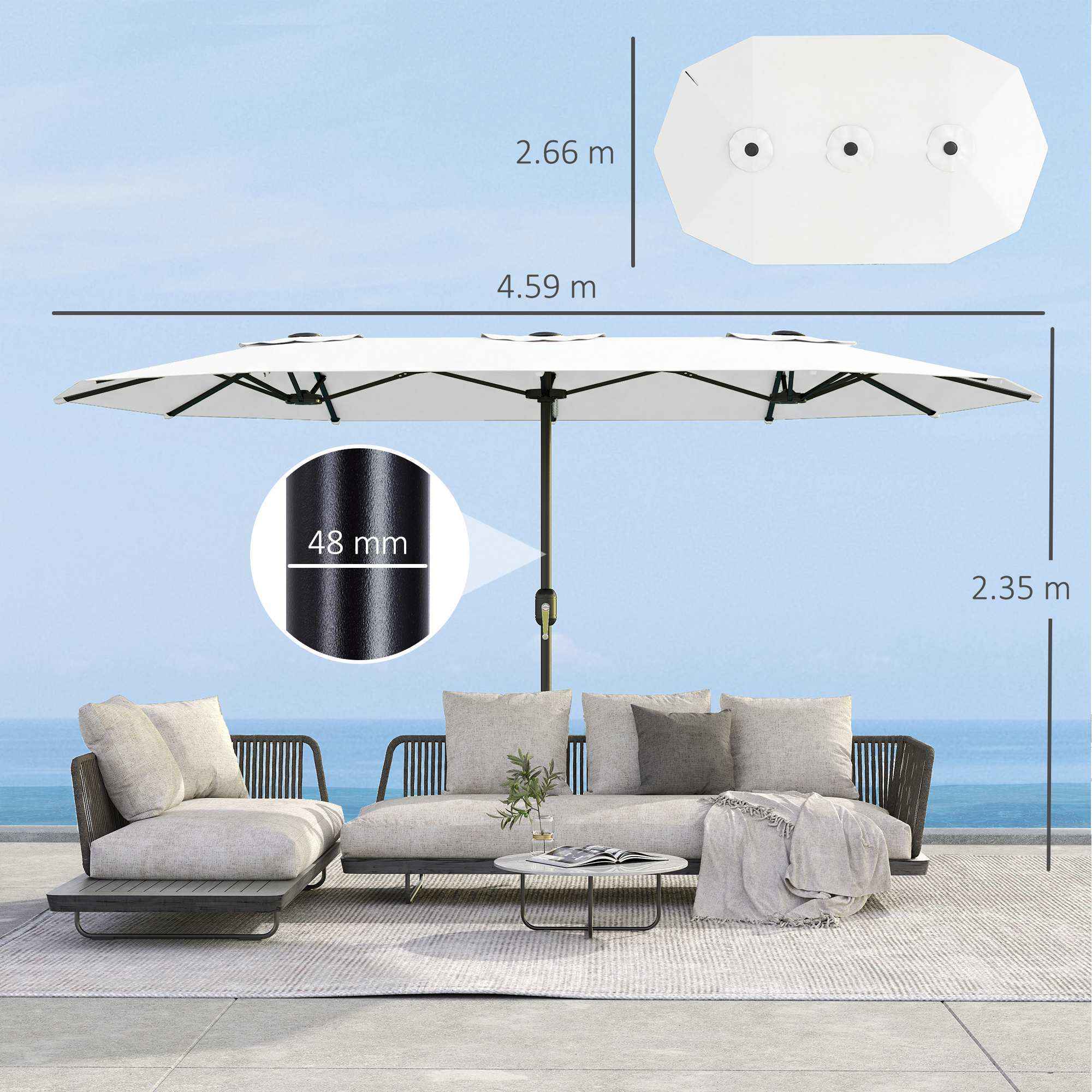 Outsunny 12-Ribbed Double Umbrella with Crank Handle, Metal and Polyester, 4.6 x 2.7 m, White