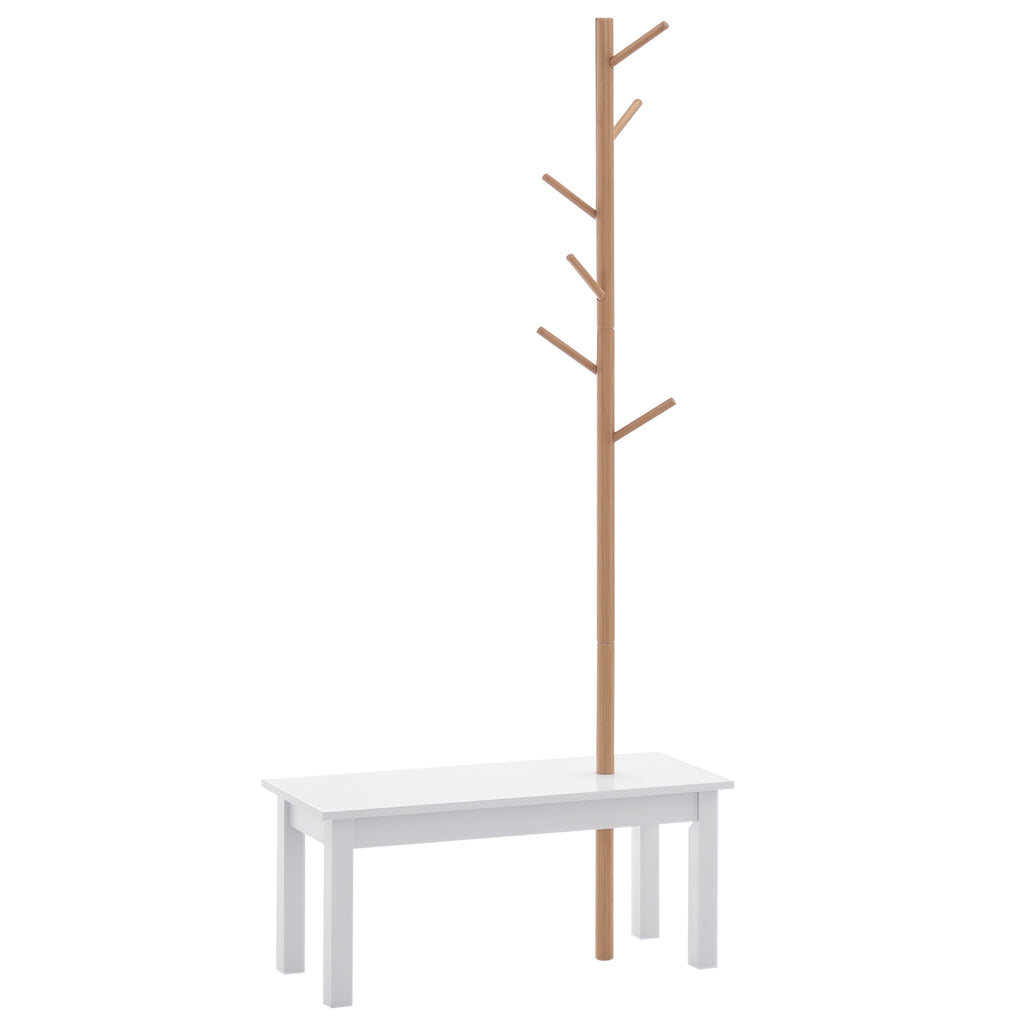 HOMCOM Hallway Bench with Coat Rack, Bamboo Floor-Standing Coat Stand, White Hallway Bench, Design, Also for Bedroom, 80x30x180cm, White Wood