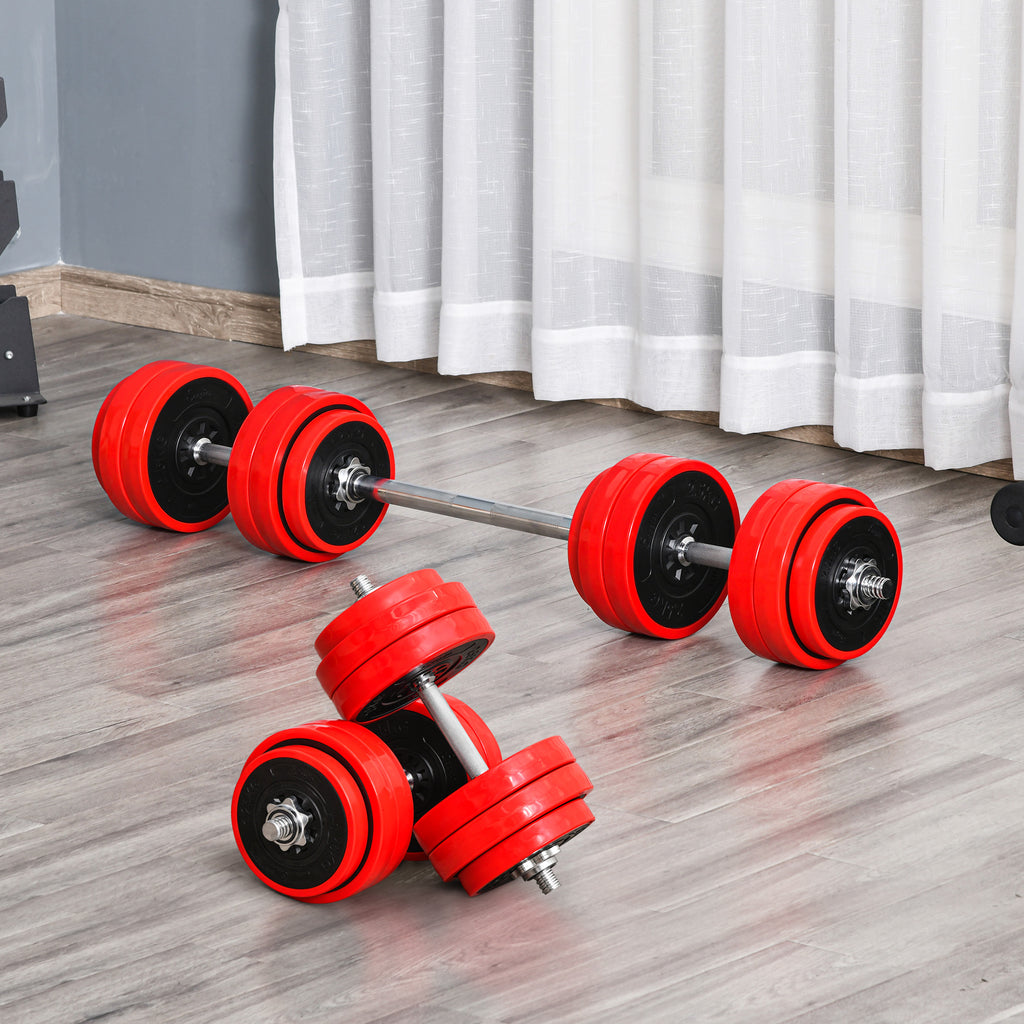 2-in-1 Barbell and Dumbbell Set, 30kg Weights, Discs with Scratch-Resistant Plastic Coating, Red and Black