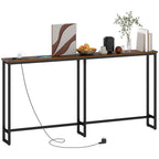 Industrial Style Console Table with Charging Station, in Wood and Steel, 160x20x80 cm, Brown