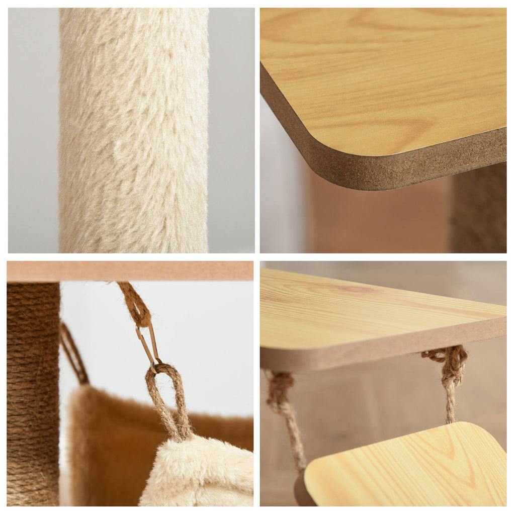 Multi-Level Cat Tree with House, Hammock, Ladder and Jute Ropes, Plush Cover, 60x40x130cm, Yellow