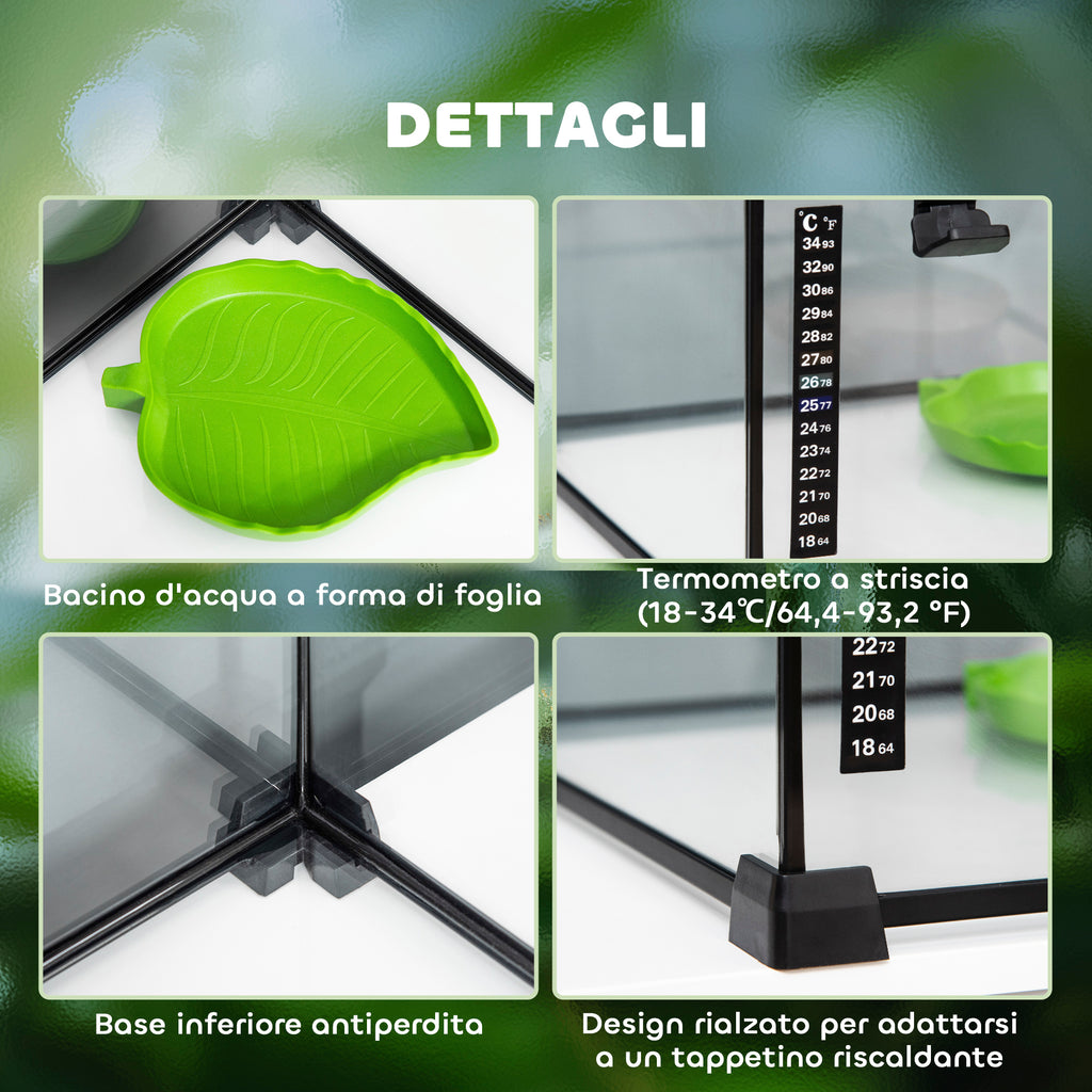 Raised Terrarium for Reptiles with Lock and Thermometer, in Glass and Metal Mesh, 30x30x20 cm, Black