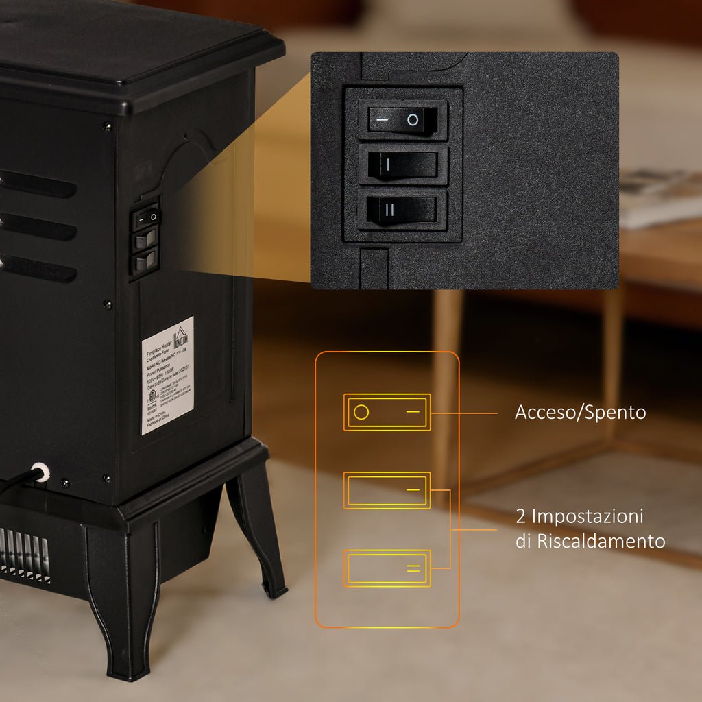 Portable Electric Fireplace 1000W/2000W with Flame Effect, ABS and Tempered Glass, 36.5x24x45.5 cm, Black