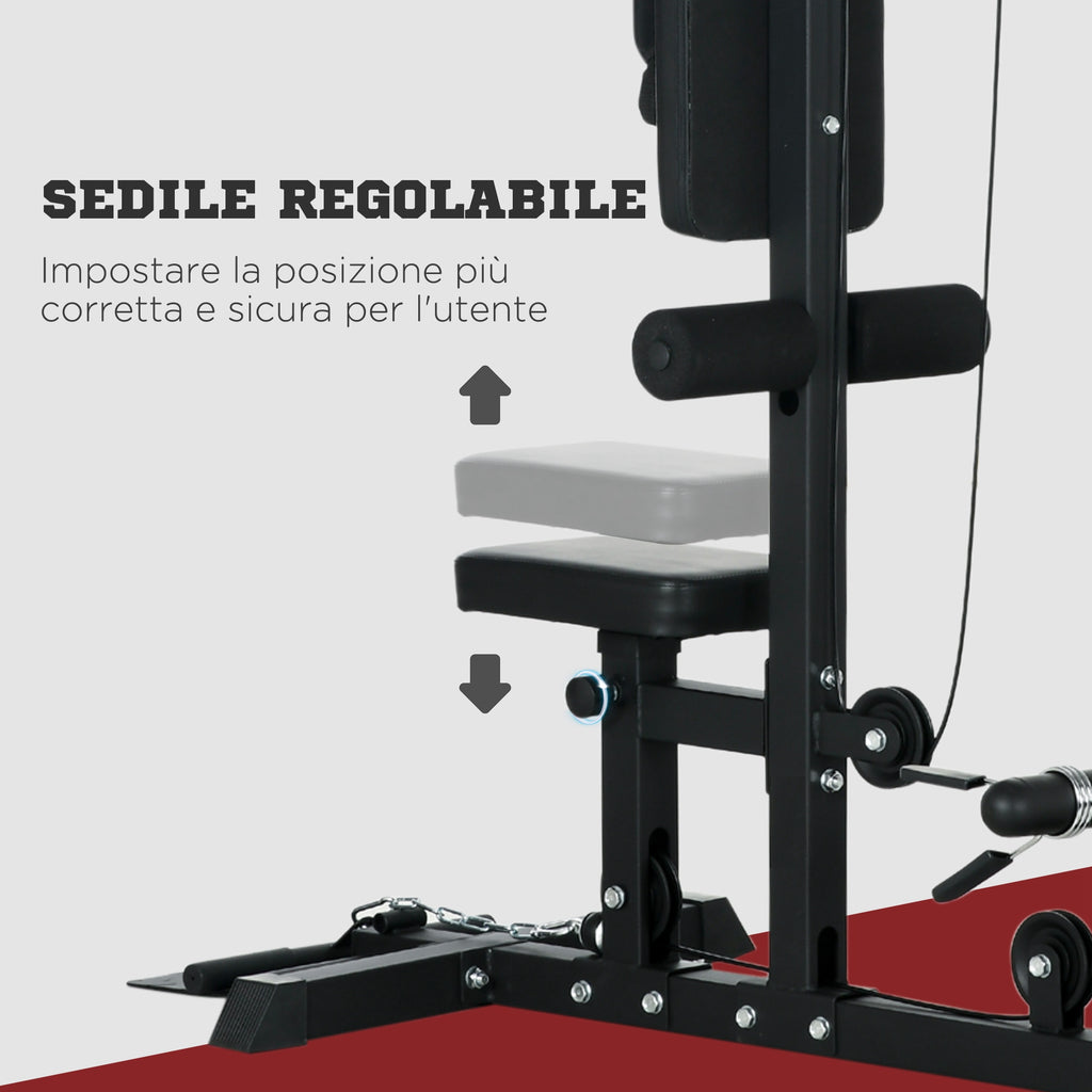 SPORTNOW Multifunctional Fitness Station with Lat Machine, Adjustable Seat and Disc Holder, Black