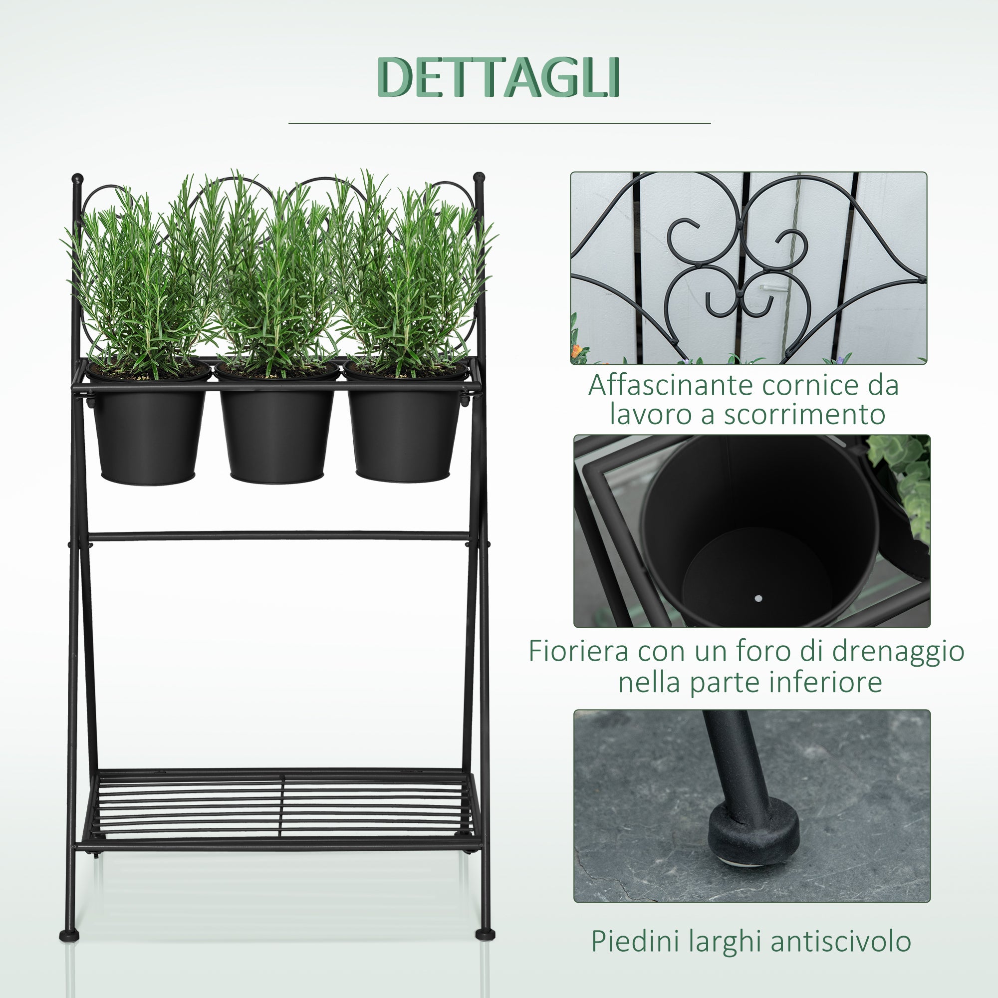 Folding Metal Plant Stand with 3 Pots and Bottom Shelf for Home and Garden, 47x37x78.5cm, Black