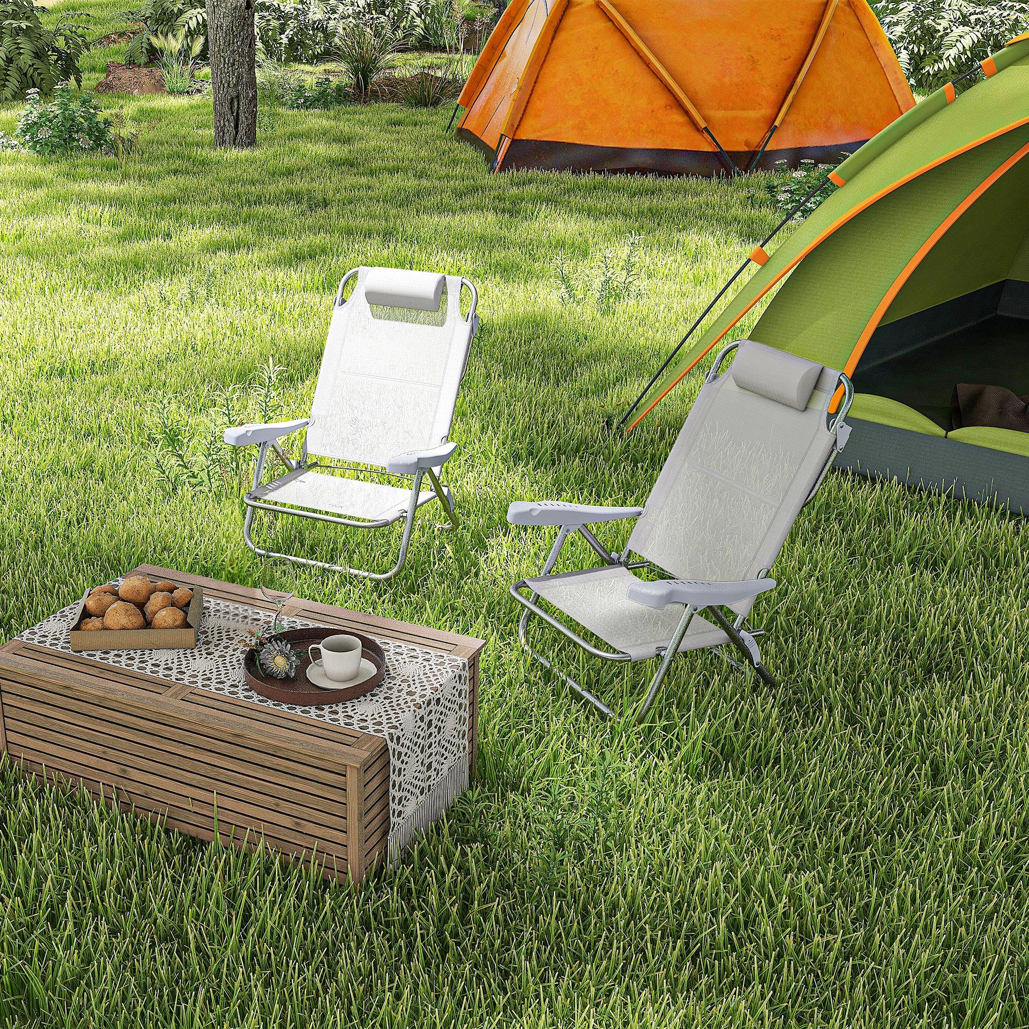 Set of 2 Folding and Reclining Camping Chairs on 6 Levels, in Aluminum and Foam, 62x65x80 cm, Light Gray