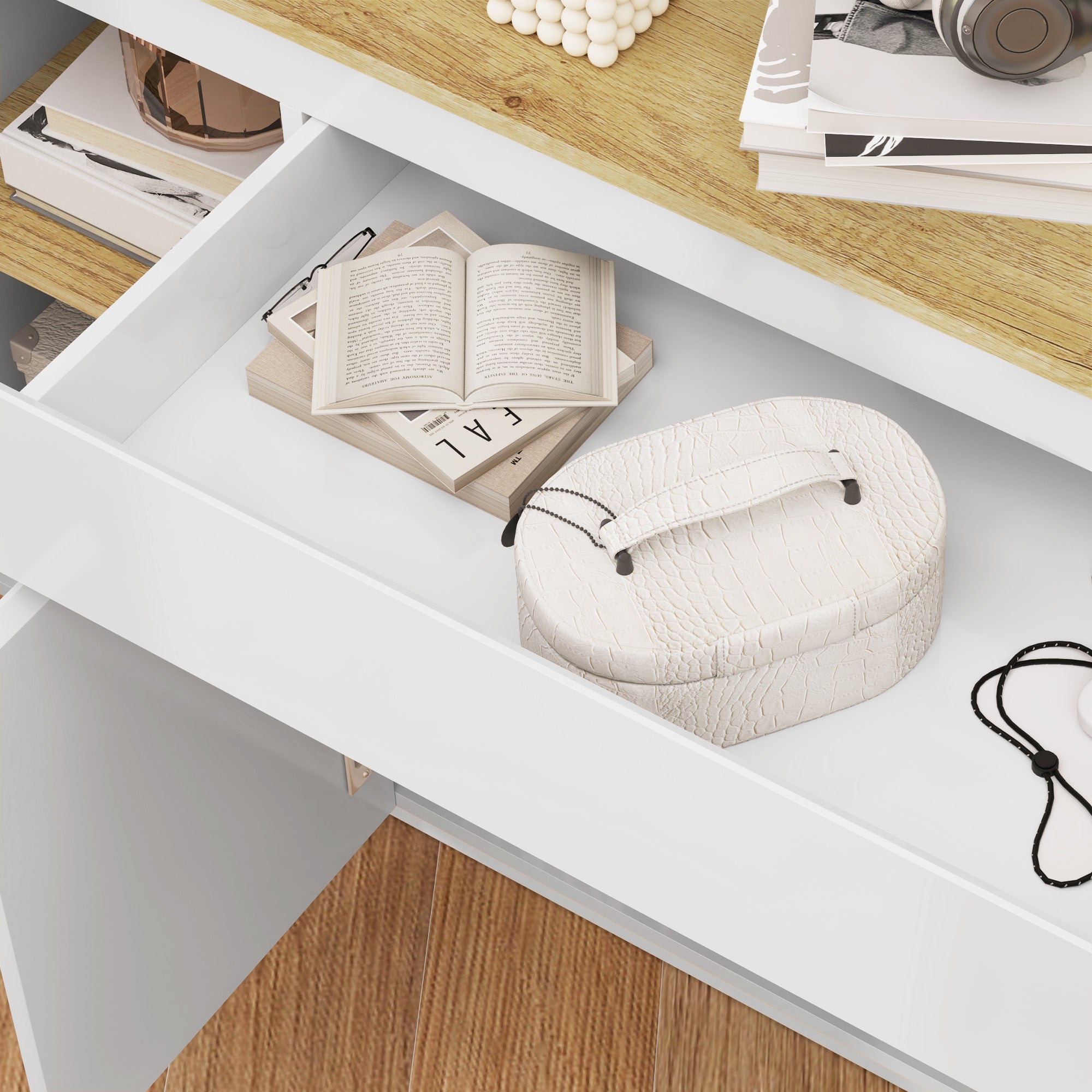 Modern Kitchen Sideboard with Drawer and 3 Cabinets with Adjustable Shelves, 140x40x75 cm, White