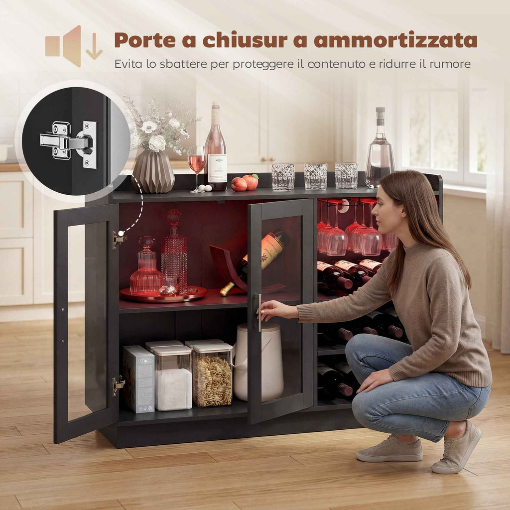 HOMCOM Wine Rack with LED Light and Adjustable Shelf, Wood and Glass, 120x38x88 cm, Black