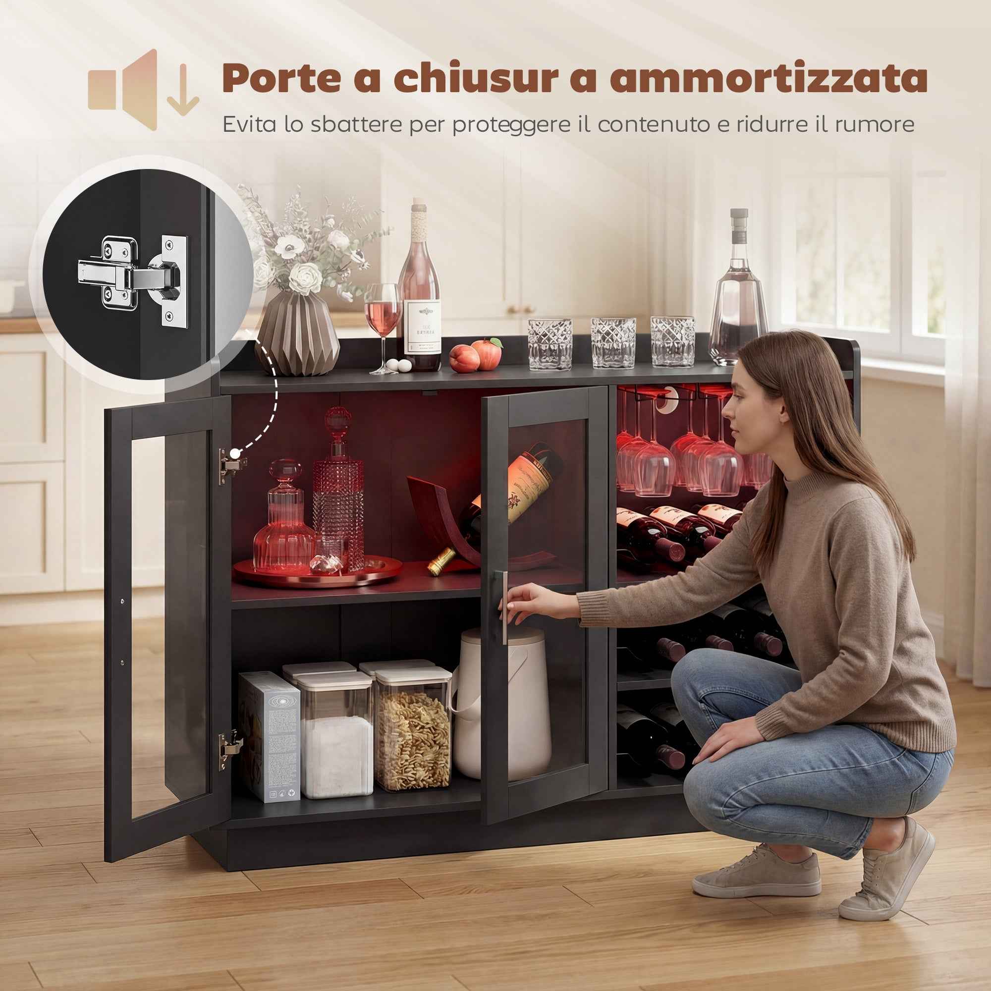 HOMCOM Wine Rack with LED Light and Adjustable Shelf, Wood and Glass, 120x38x88 cm, Black