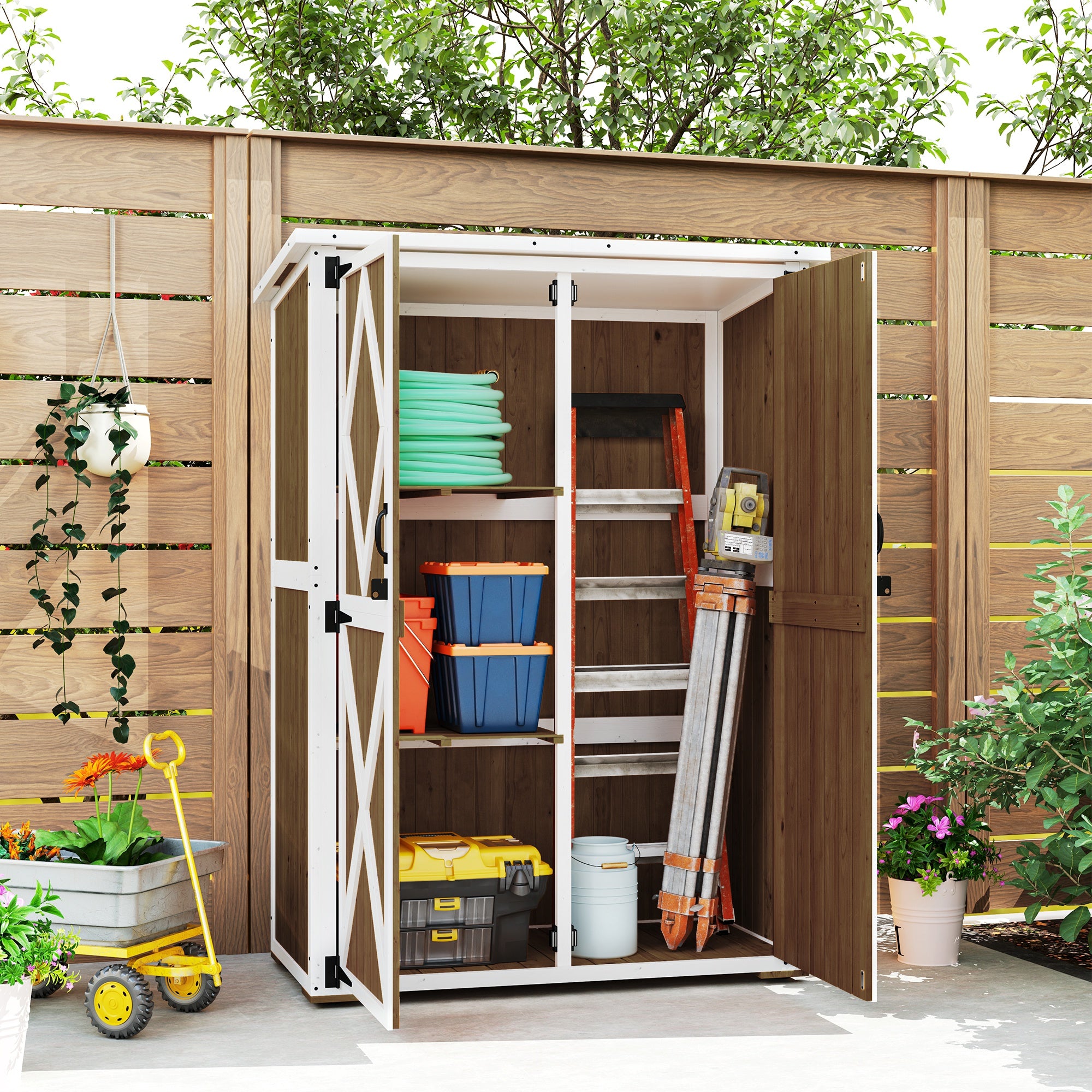 Garden Shed in Fir Wood with 2 Shelves and 2 Doors, 116.5x57x159/167 cm, Brown and White
