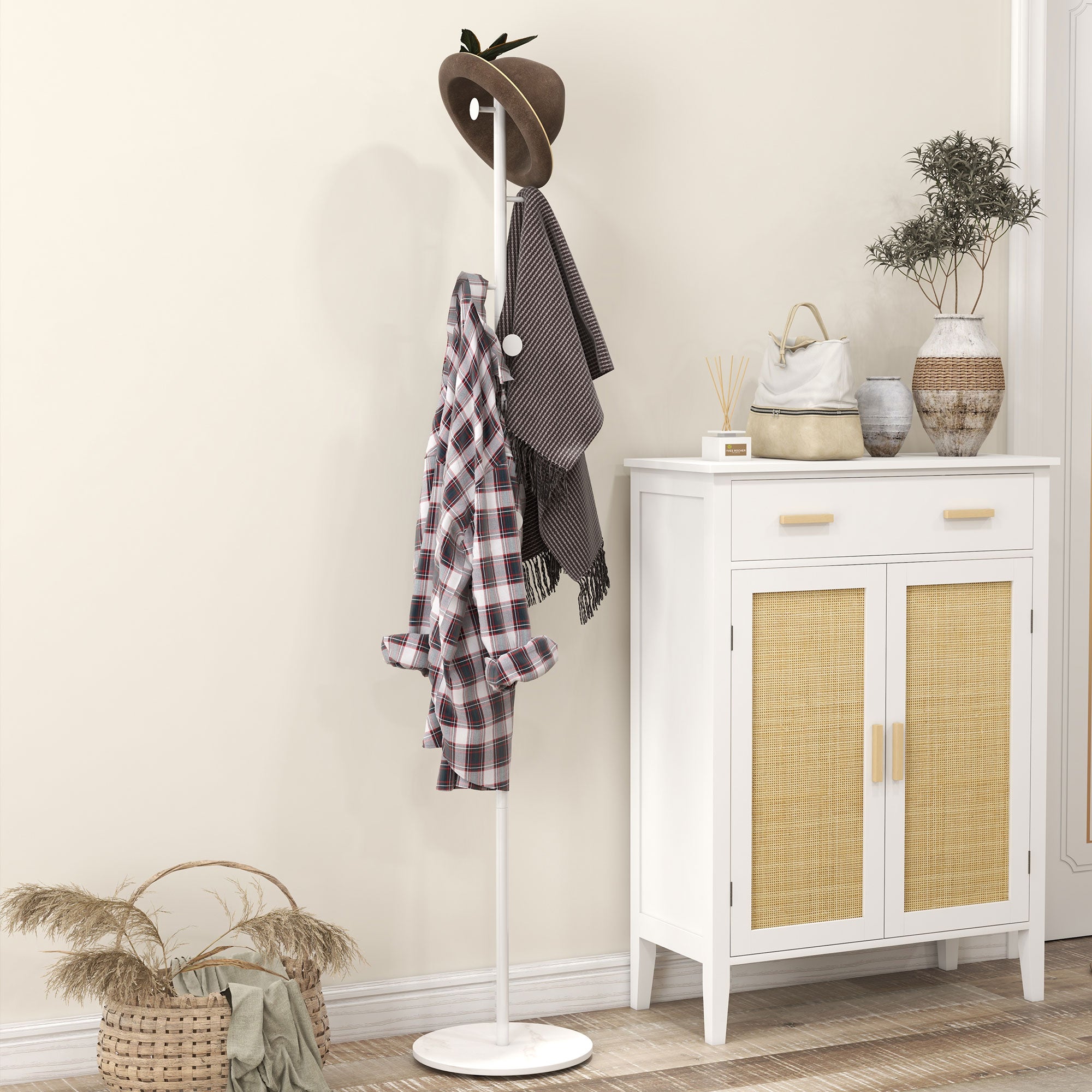 Freestanding Coat Rack with 6 Steel Disc Hooks and Slate Base, White