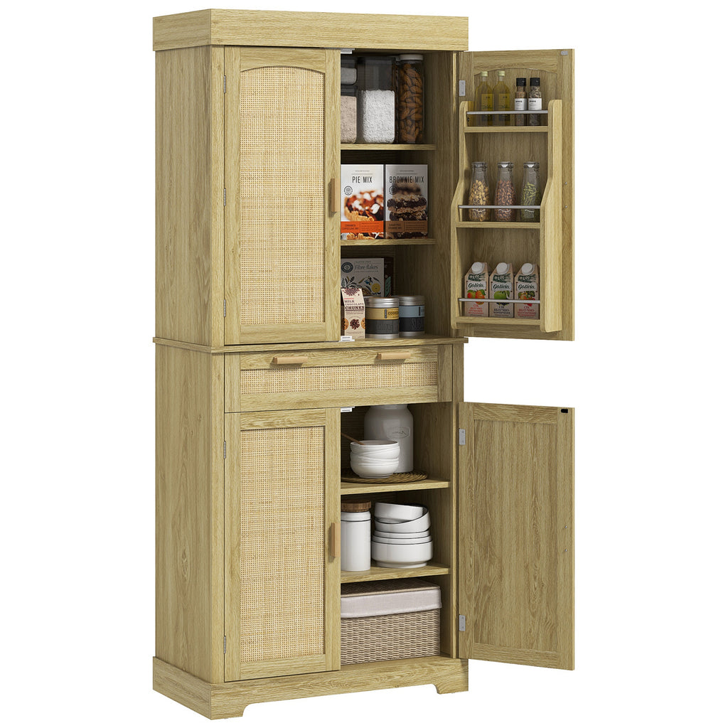 Boho Style Kitchen Sideboard with 2 Cabinets, Drawer and Spice Rack in Wood and Rattan, 76x40x183cm, Oak