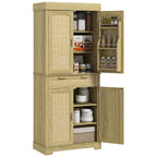 Boho Style Kitchen Sideboard with 2 Cabinets, Drawer and Spice Rack in Wood and Rattan, 76x40x183cm, Oak