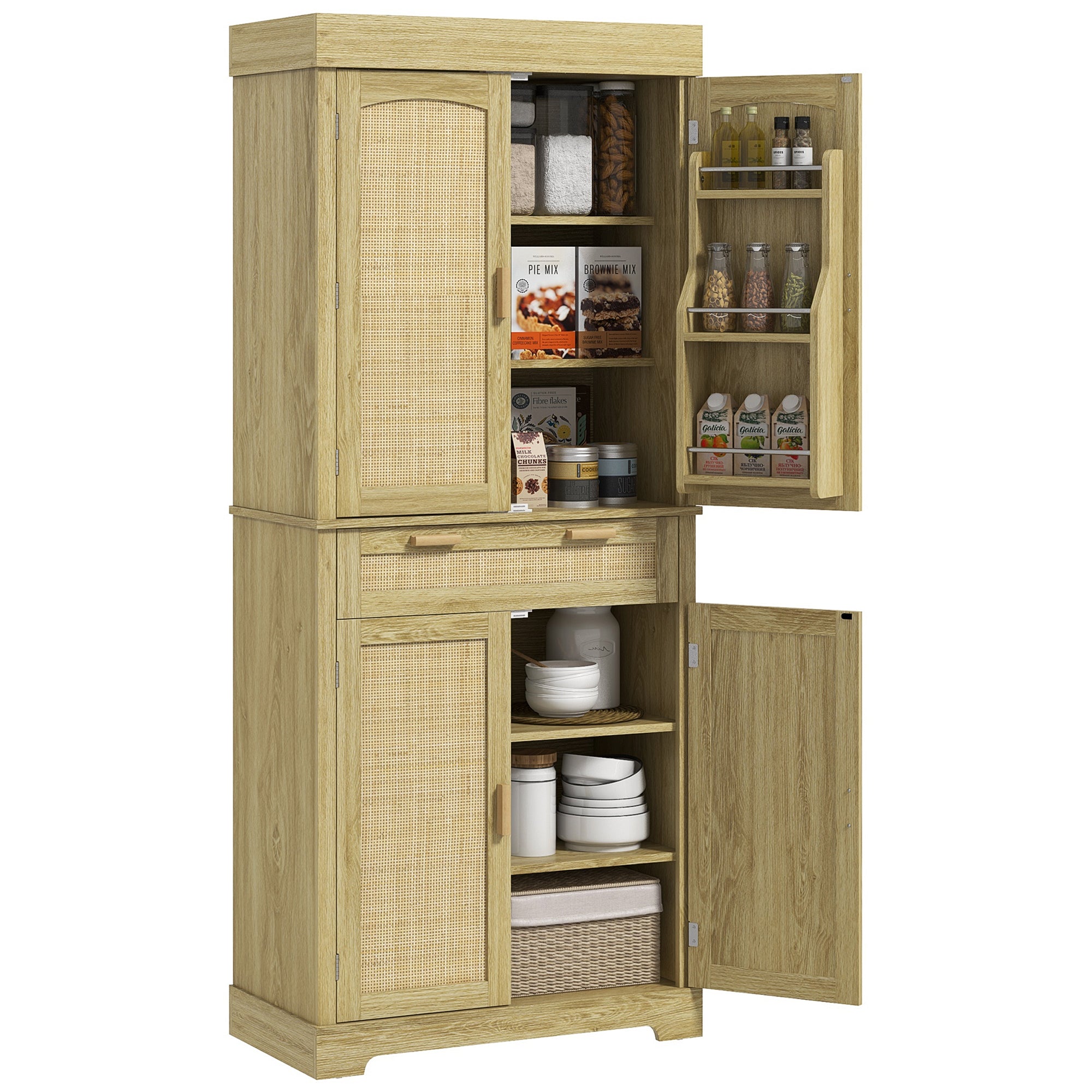 Boho Style Kitchen Sideboard with 2 Cabinets, Drawer and Spice Rack in Wood and Rattan, 76x40x183cm, Oak