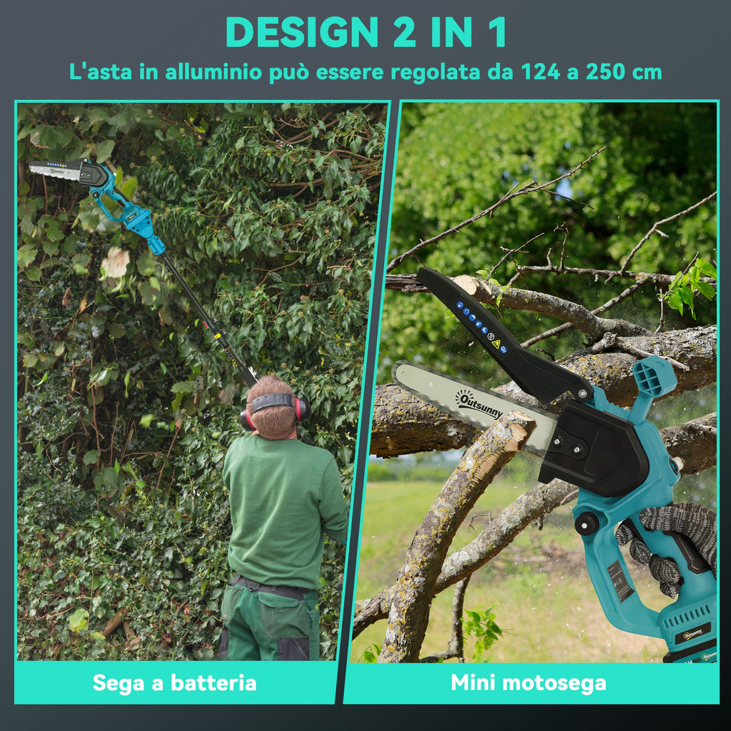 2-in-1 Cordless Chainsaw with Telescopic Pole, Brushless Motor, 2 Batteries and Safety Lock, Blue