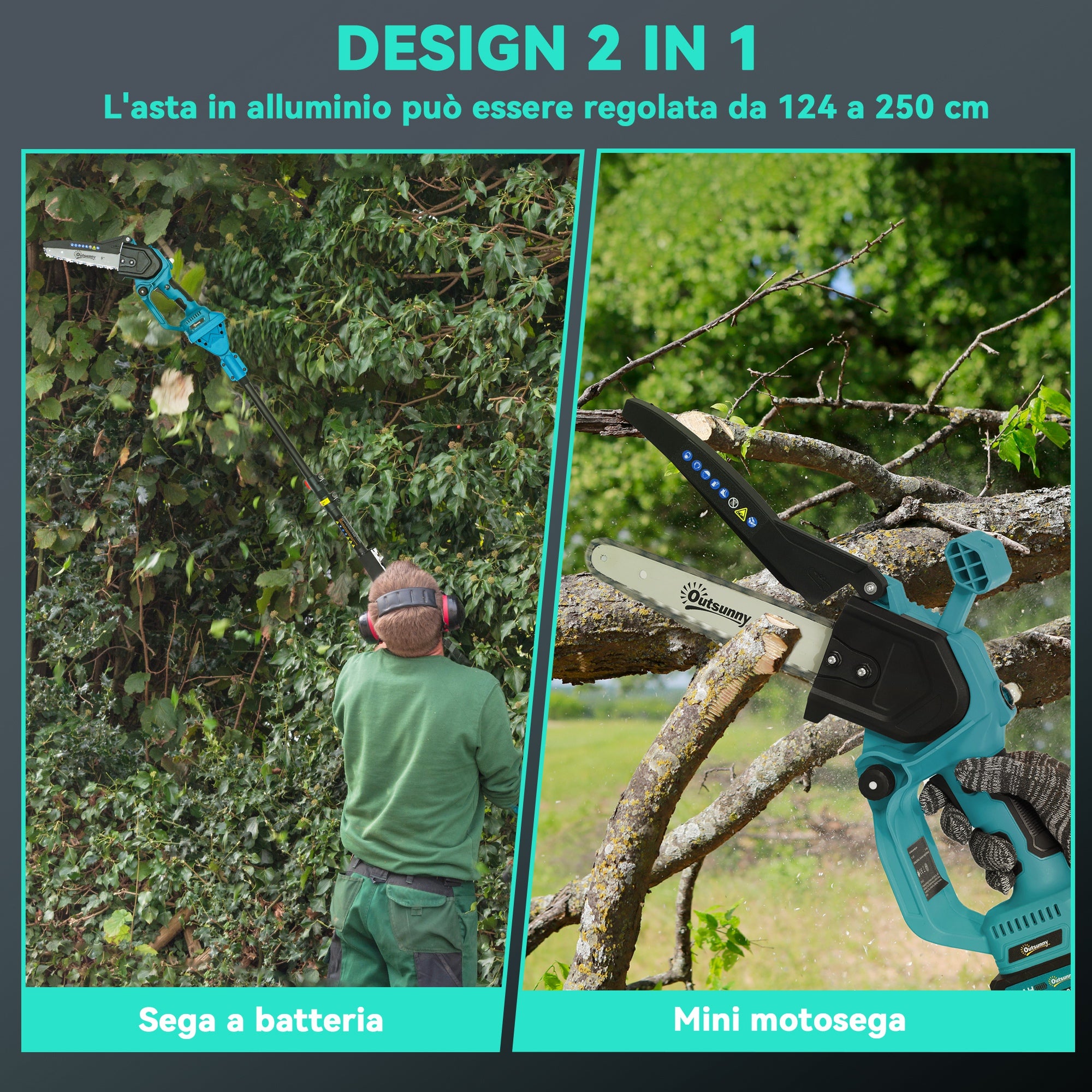 2-in-1 Cordless Chainsaw with Telescopic Pole, Brushless Motor, 2 Batteries and Safety Lock, Blue
