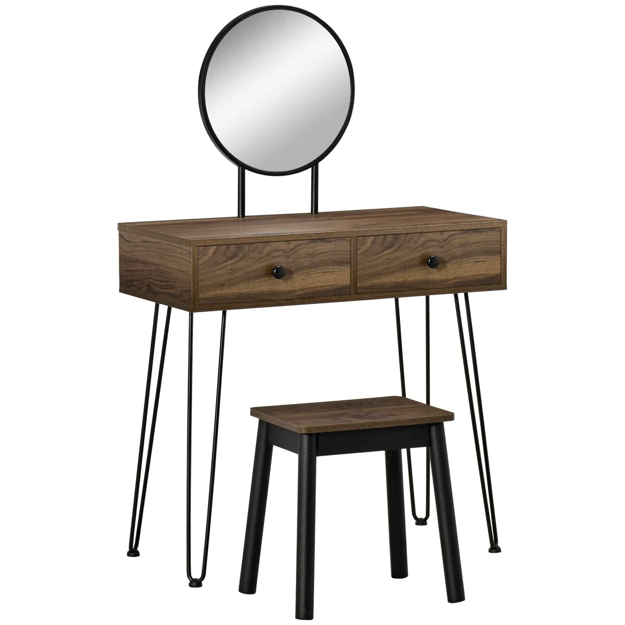 HOMCOM Wooden and Metal Makeup Table with Stool and Mirror, Walnut Color