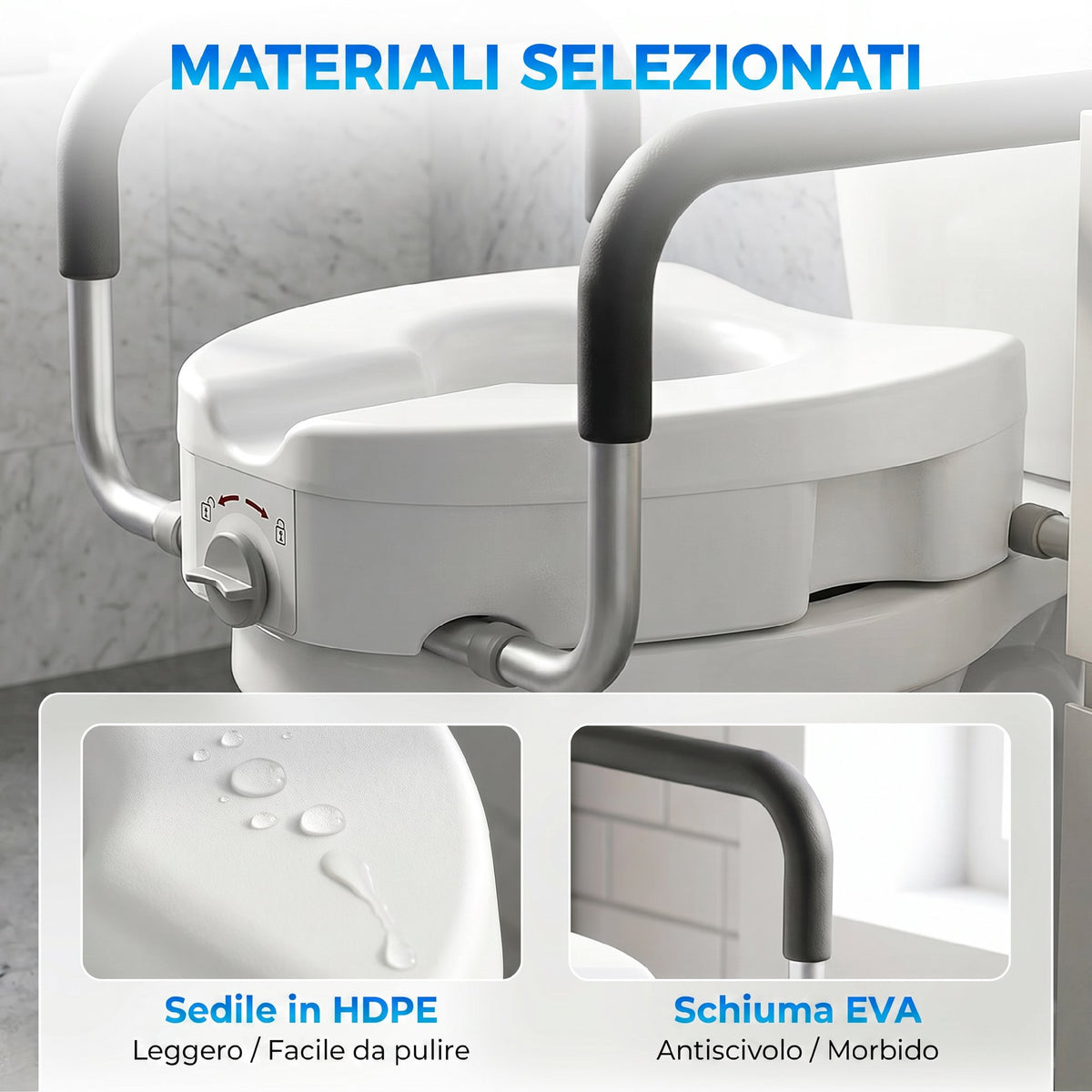 HOMCOM HDPE Toilet Seat Raiser for the Elderly with Non-Slip Handles, Adjustable Width, 136kg Capacity, White