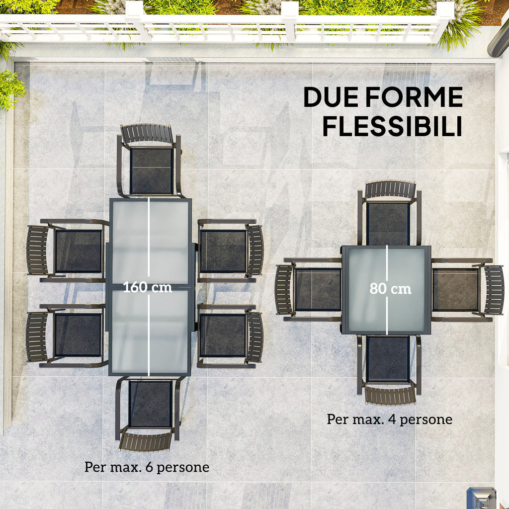 Extendable Garden Dining Table with Glass and Aluminum Top, 80-160x80x75 cm, Black and Transparent