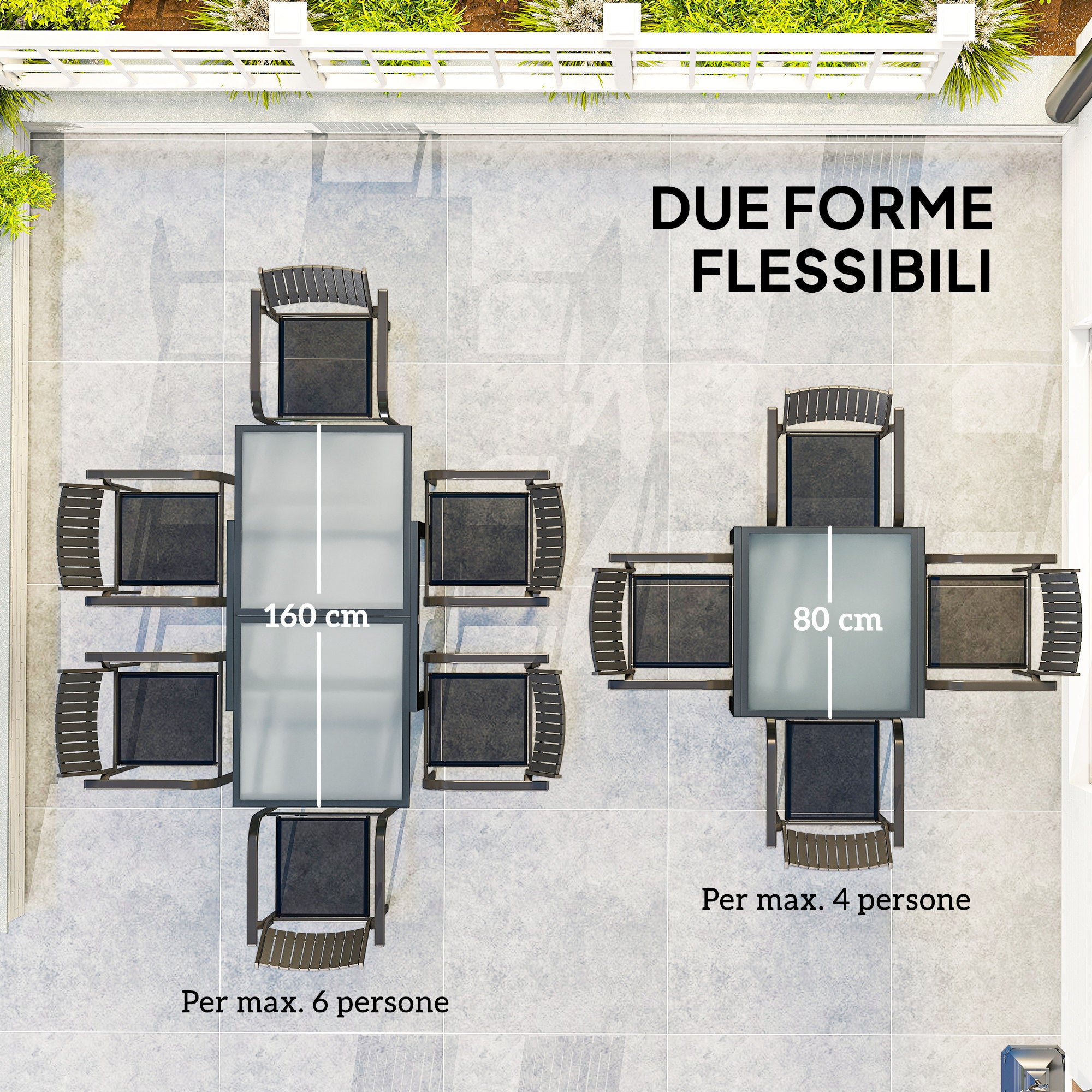 Extendable Garden Dining Table with Glass and Aluminum Top, 80-160x80x75 cm, Black and Transparent