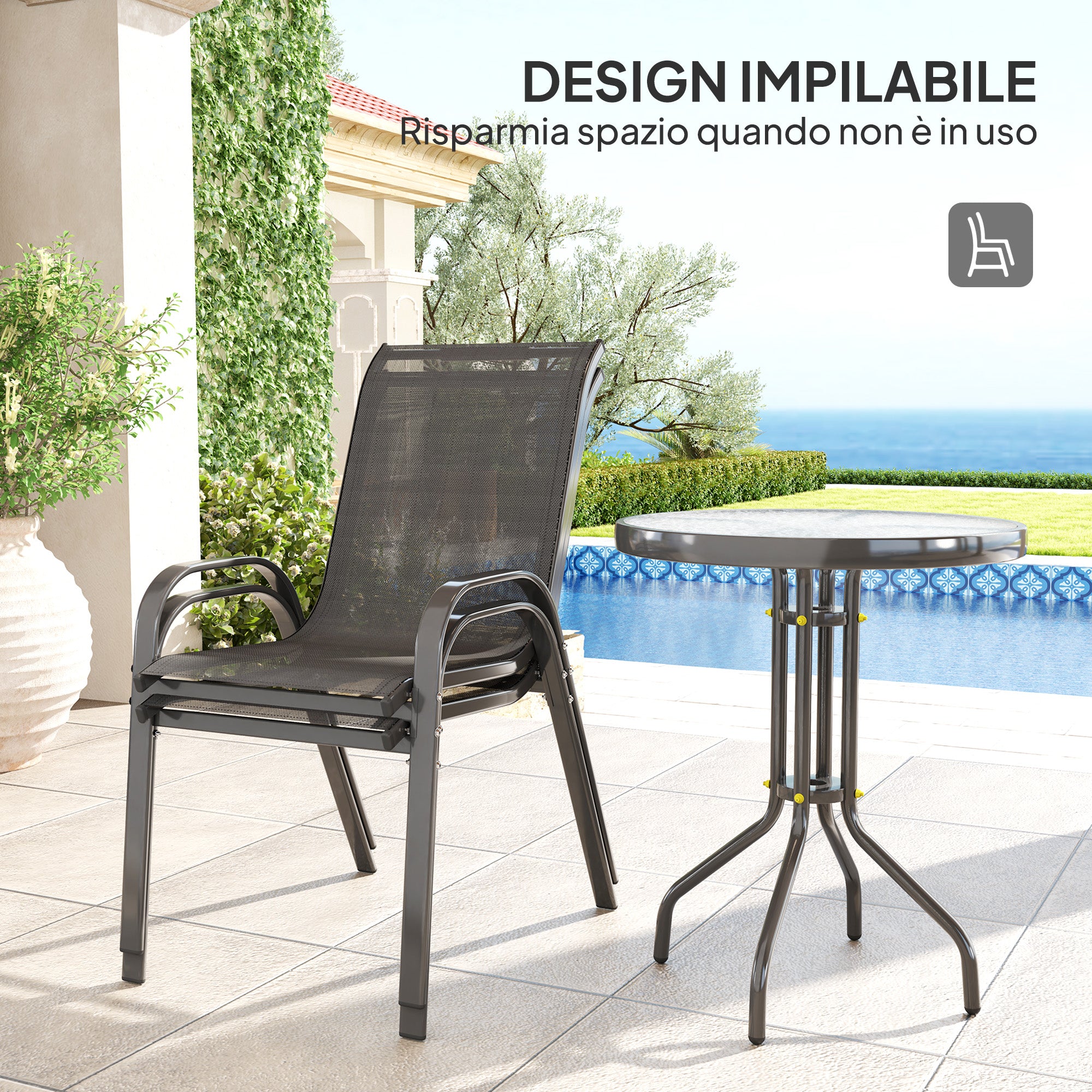3 Piece Garden Set with 2 Garden Chairs 54x71x93 cm and Round Table Ø60x71 cm in Black Steel