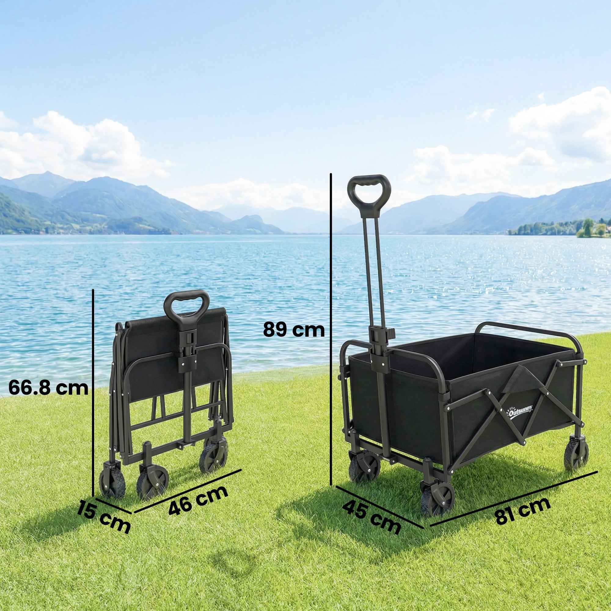 Outsunny 66L Folding Garden Cart with Adjustable Handle and Cup Holder, Black