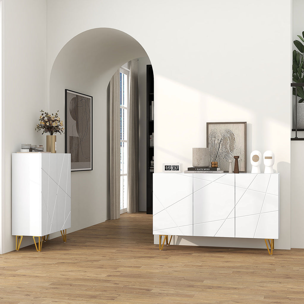 Storage Unit with 2 Cabinets and Adjustable Shelf, in Chipboard and Metal, 120x40x75 cm, White and Gold