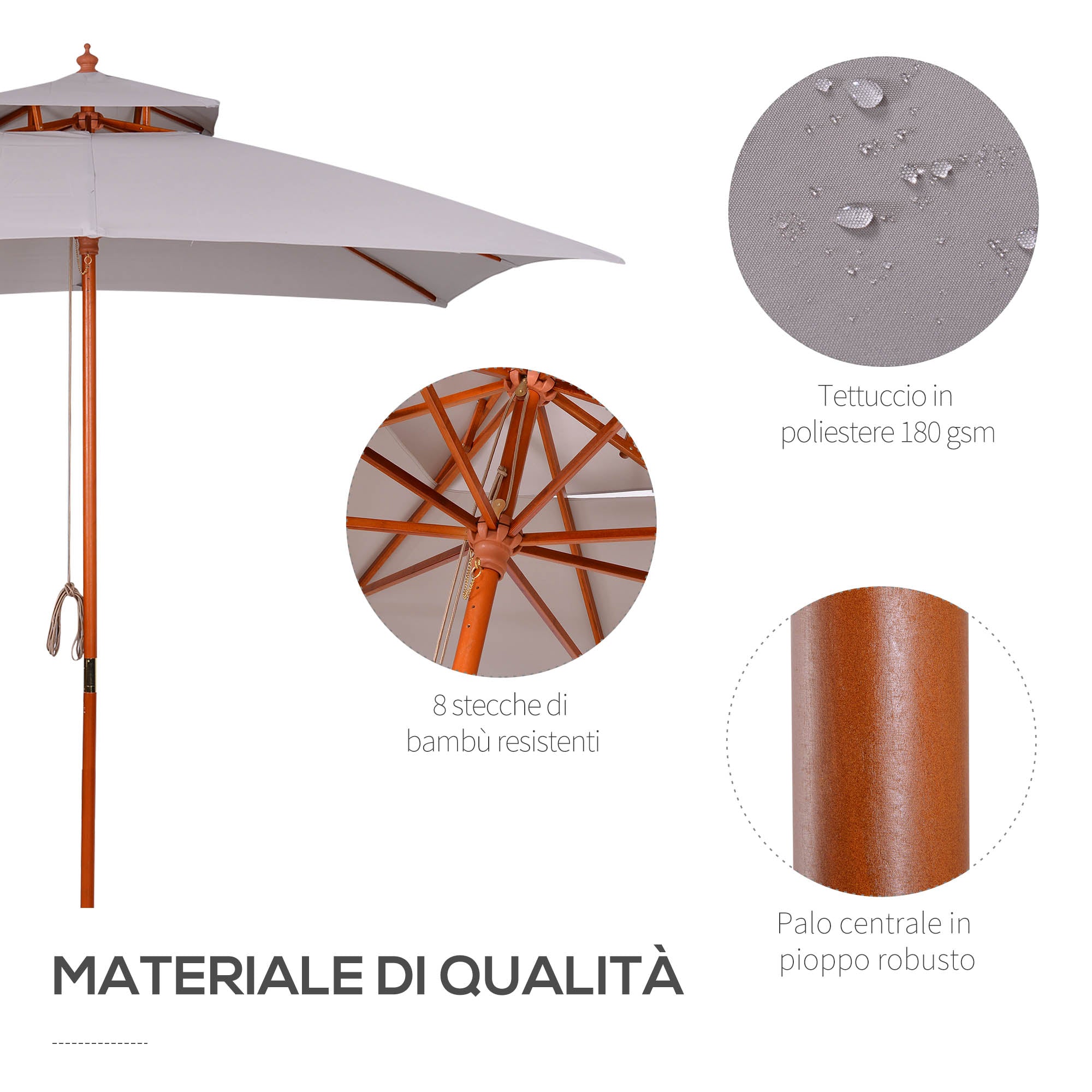 Garden Umbrella 3x3m with 8 Bamboo Ribs and 2-Tier Parasol Cover, Gray