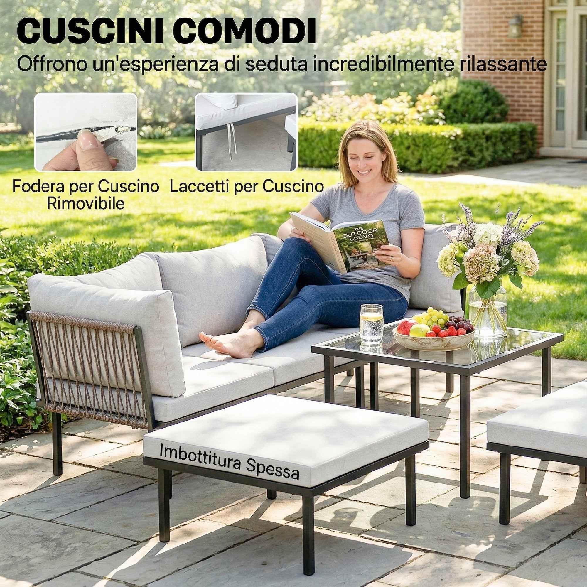 Outsunny 6-Person Metal Garden Furniture Set, Corner Sofa with Cushions, Light Grey