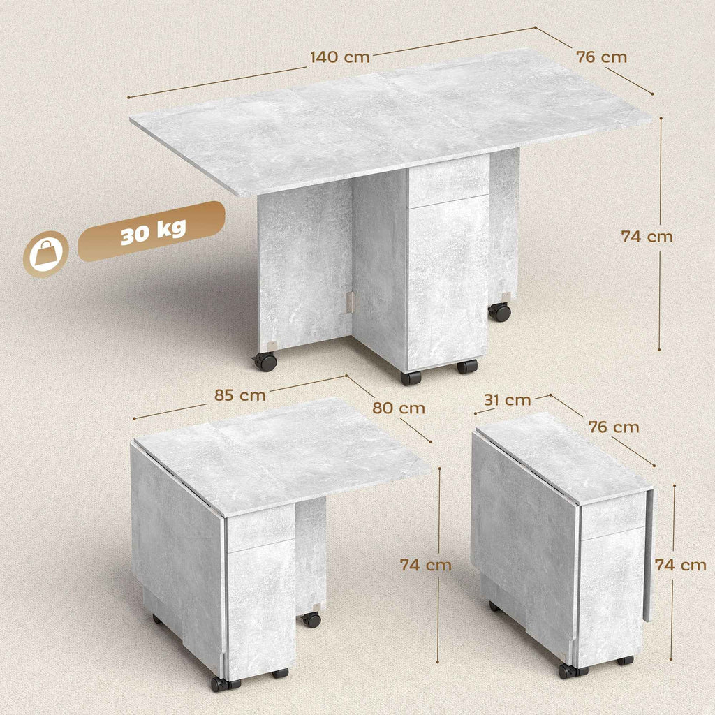 HOMCOM Folding Dining Table on Wheels with 2 Drawers, 2 Doors and Cabinet, Wooden, 140x76x74 cm, Cement Grey
