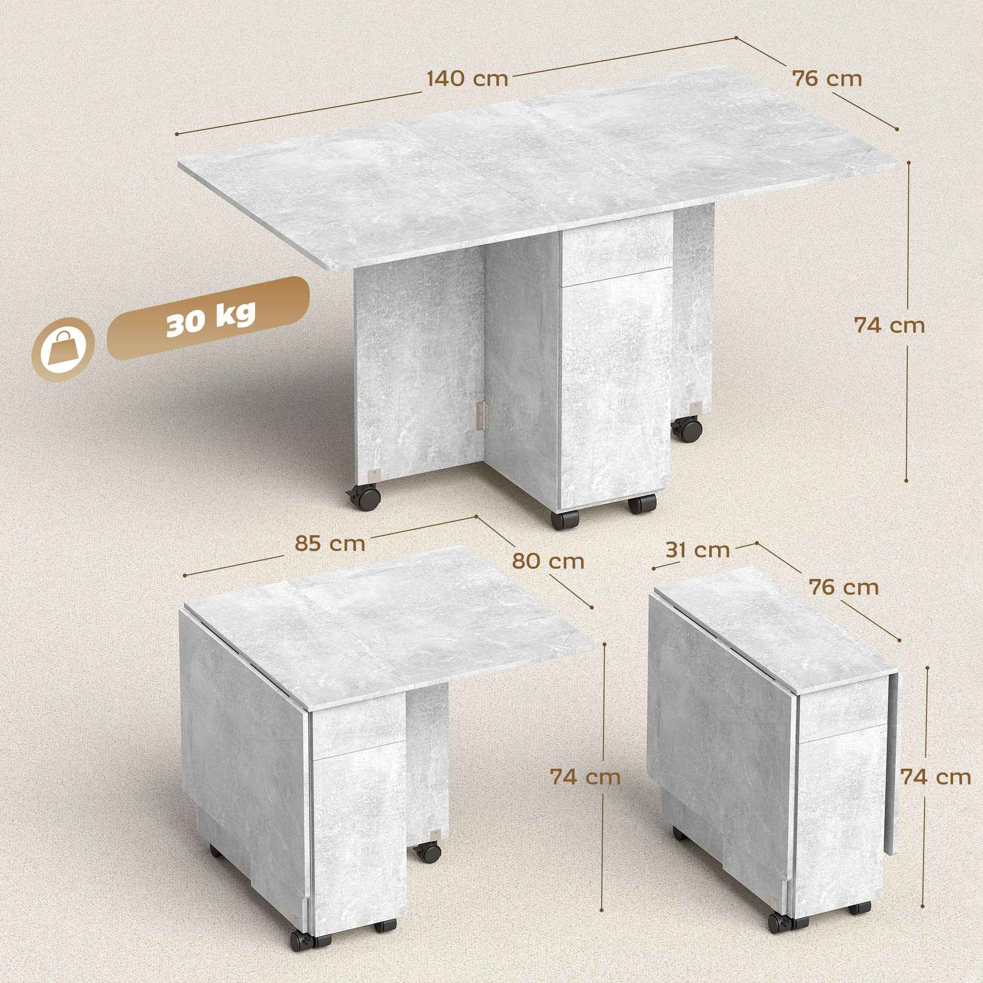 HOMCOM Folding Dining Table on Wheels with 2 Drawers, 2 Doors and Cabinet, Wooden, 140x76x74 cm, Cement Grey