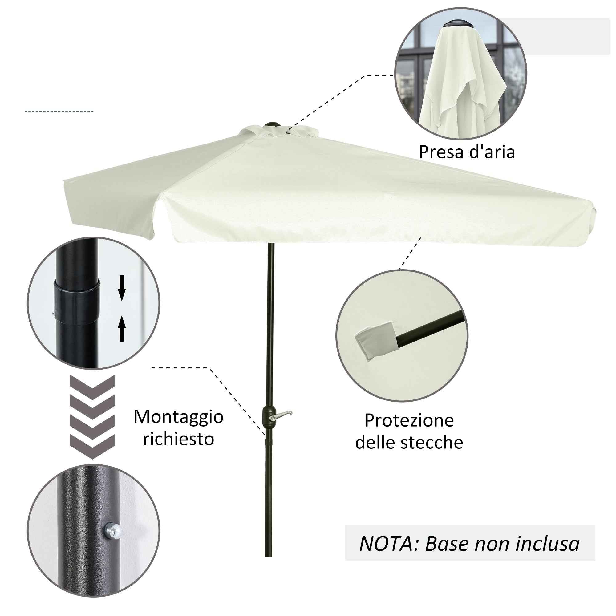 Outsunny Semicircular Wall Mounted Patio and Garden Umbrella with Crank Handle, 2.5x2.3m, Cream