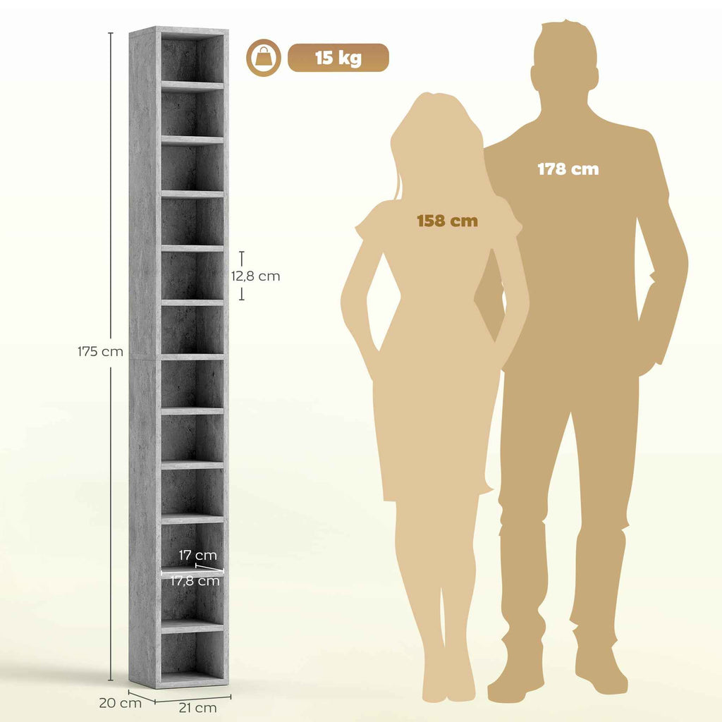 HOMCOM 12-Tier CD Storage Cabinet for 204 CDs, MDF and Chipboard, 21x20x175 cm, Grey