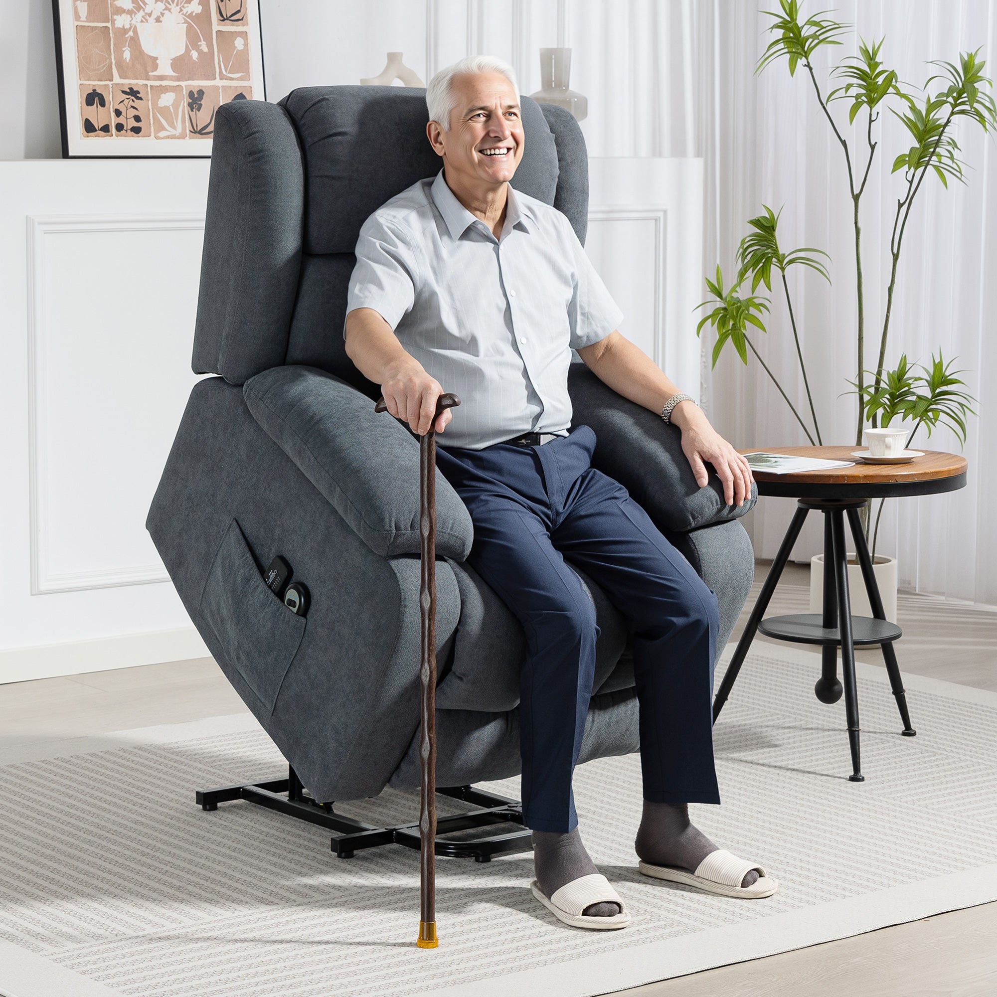 135° Electric Lift Reclining Chair in Linen Effect Fabric with Footrest, Dark Grey