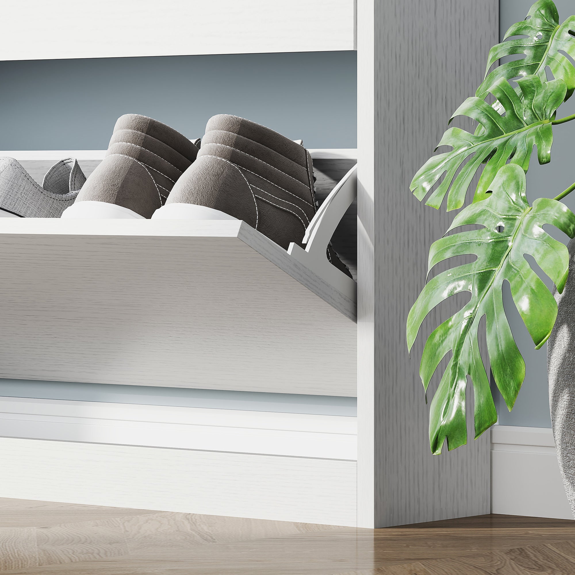 Slim Shoe Rack with 3 Folding Drawers and Bottom Cutout, Wooden, 80x17x108 cm, White