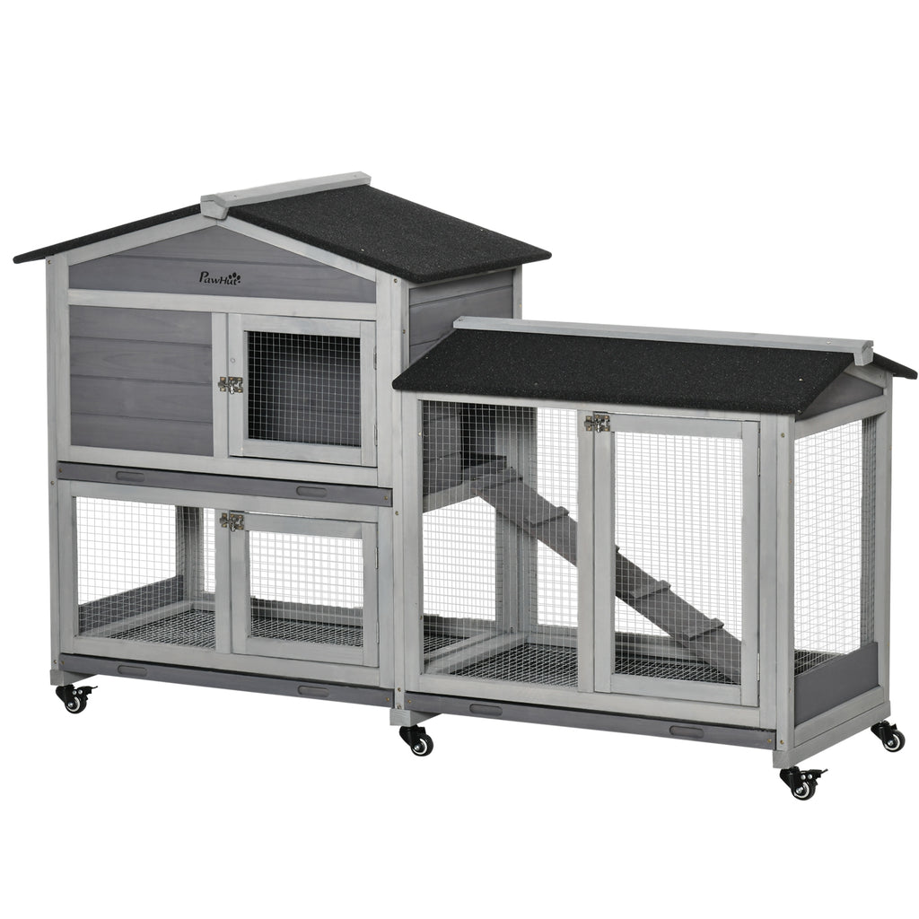 2-Tier Rabbit Hutch with Protective Net and Wooden and Metal Wheels, 157.4x53x99.5 cm, Grey
