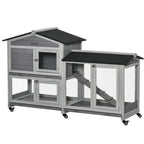 2-Tier Rabbit Hutch with Protective Net and Wooden and Metal Wheels, 157.4x53x99.5 cm, Grey