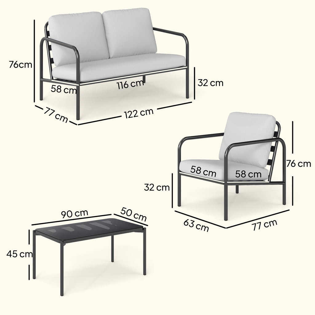 Outsunny 4-Piece Steel Garden Lounge Set with 2-Seater Sofa, 2 Armchairs and Coffee Table, Light Grey