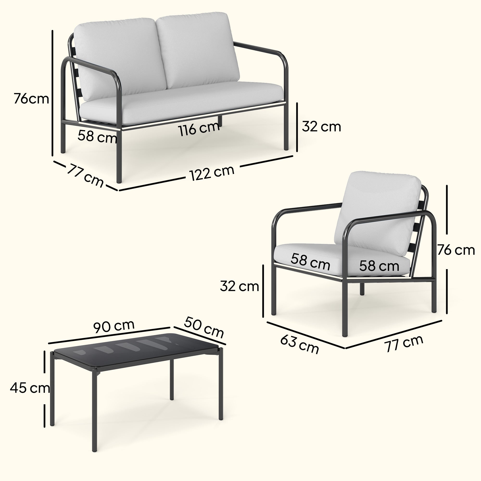 Outsunny 4-Piece Steel Garden Lounge Set with 2-Seater Sofa, 2 Armchairs and Coffee Table, Light Grey