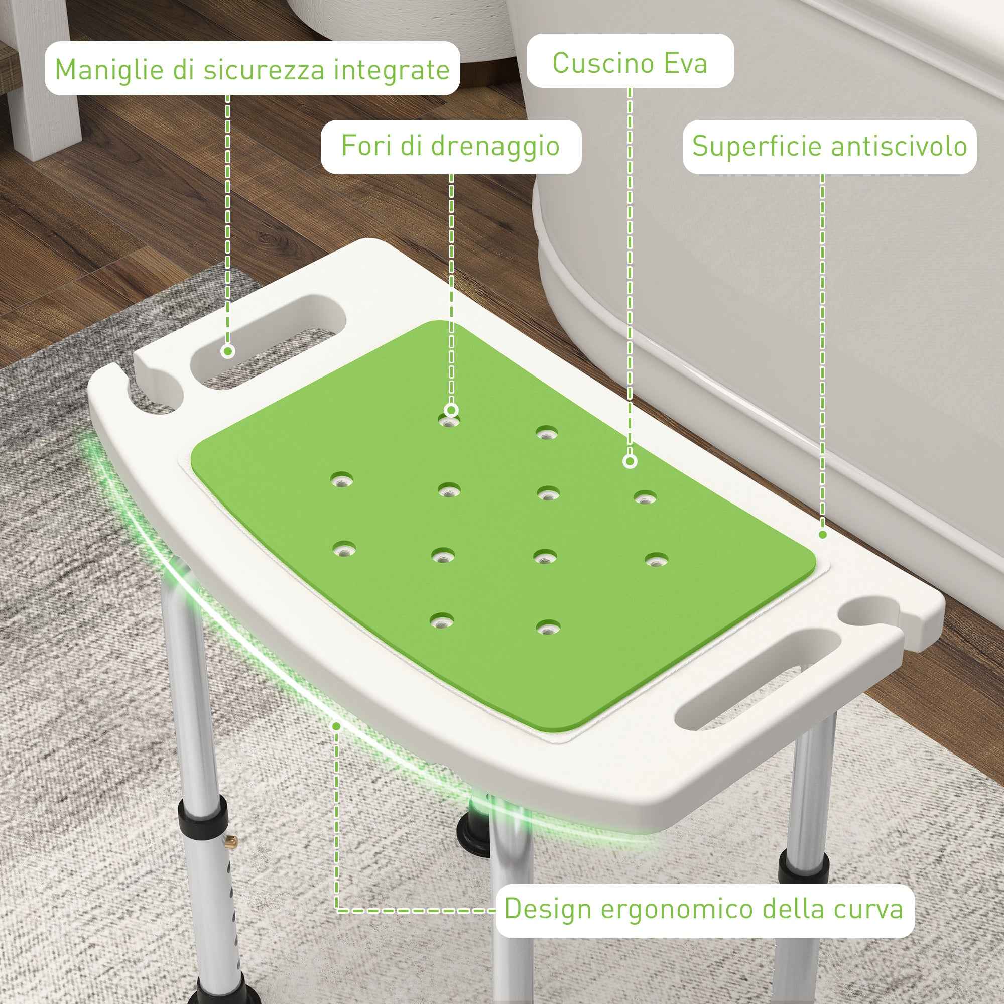 HOMCOM Shower Stool in Aluminum Alloy and Non-Slip Plastic, 6-Level Adjustable Height 39-52cm, Green