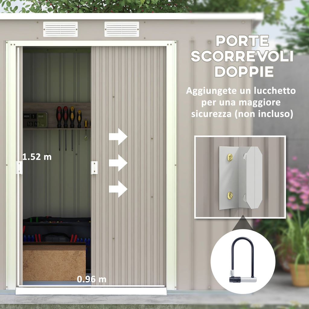 Tool Shed with Sloped Roof, 2 Entrances and Air Intakes, in Galvanized Steel, 213x130x172 cm, Gray